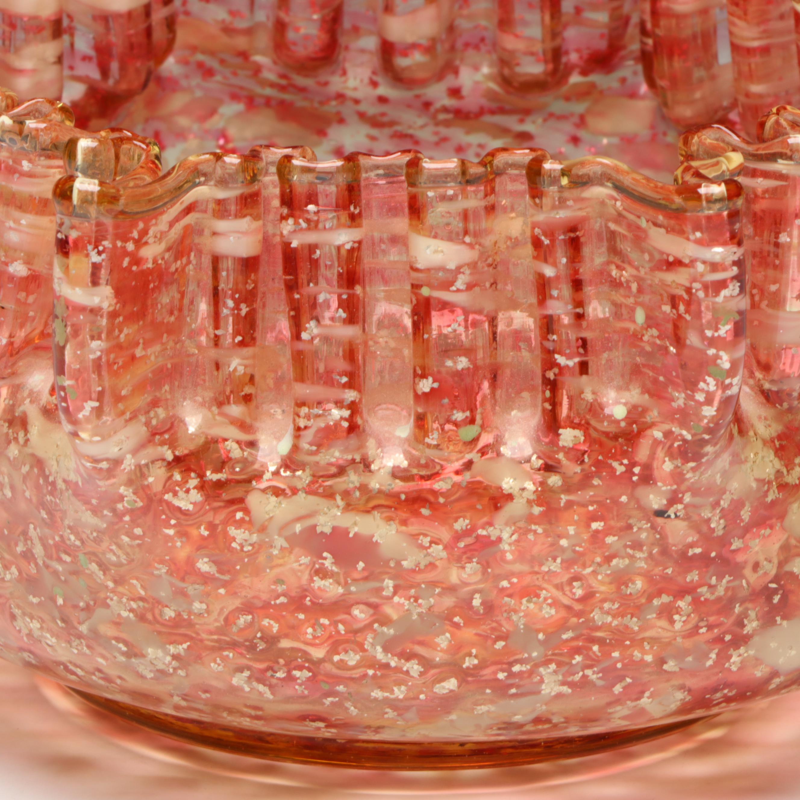 Victorian Pink and Aventurine Art Glass Crimped Edge Bowl
