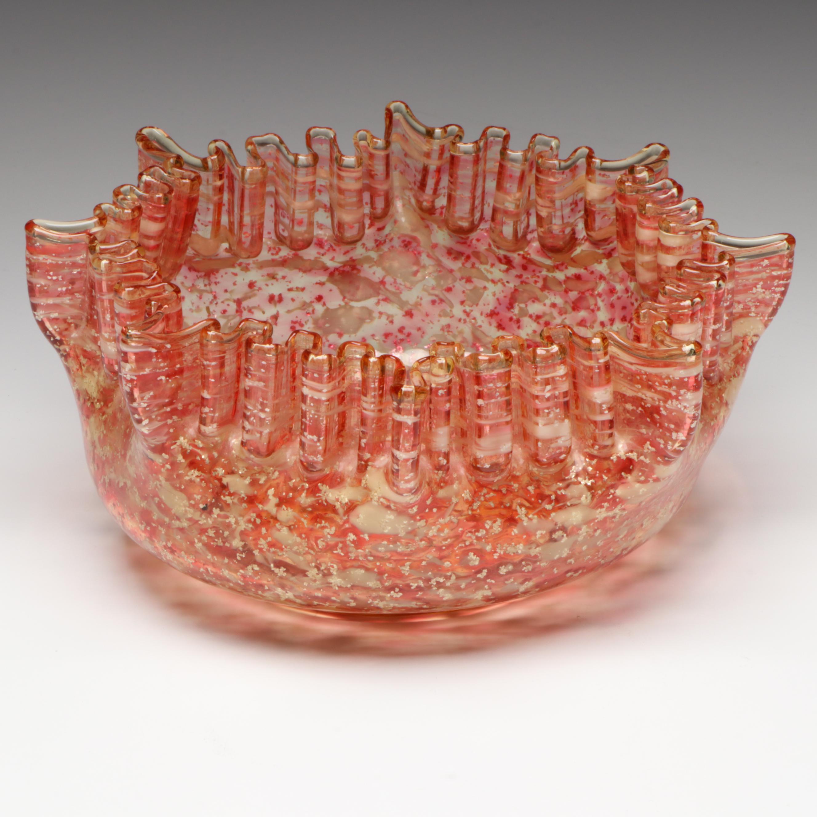 Victorian Pink and Aventurine Art Glass Crimped Edge Bowl