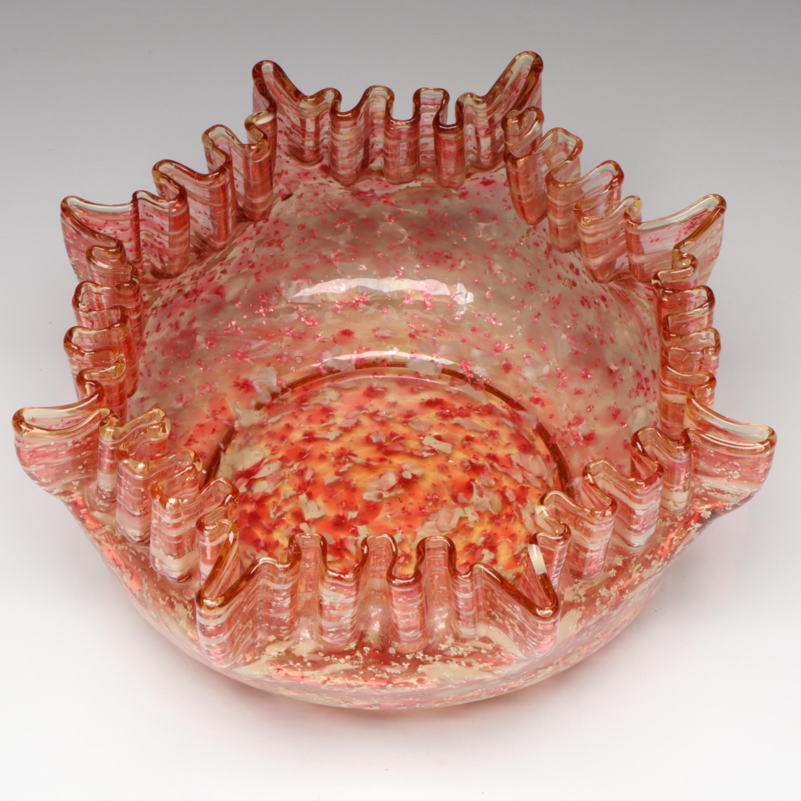 Victorian Pink and Aventurine Art Glass Crimped Edge Bowl