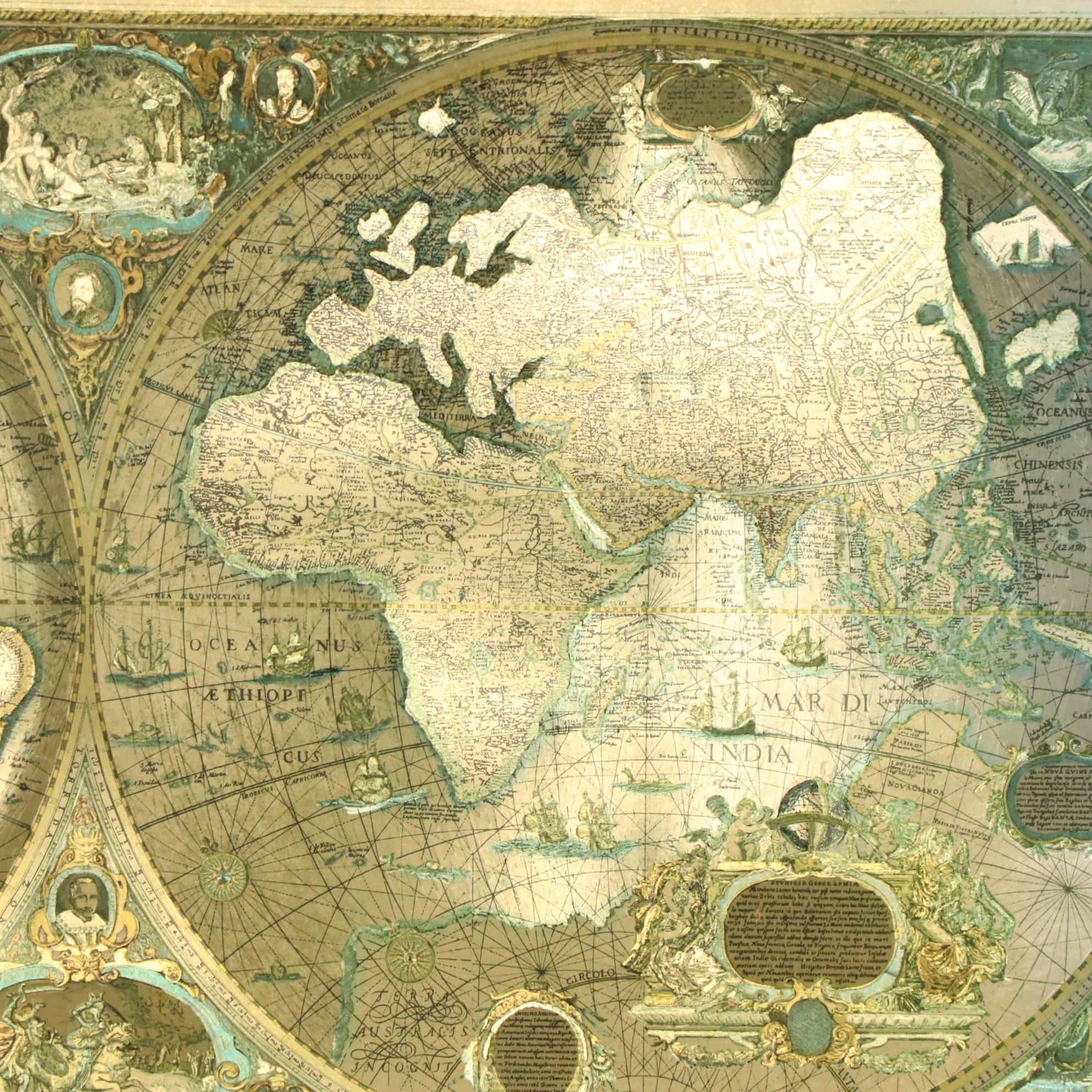 Gold Foil World Wall Map After Johannes Blaeu, Mid/Late 20th Century