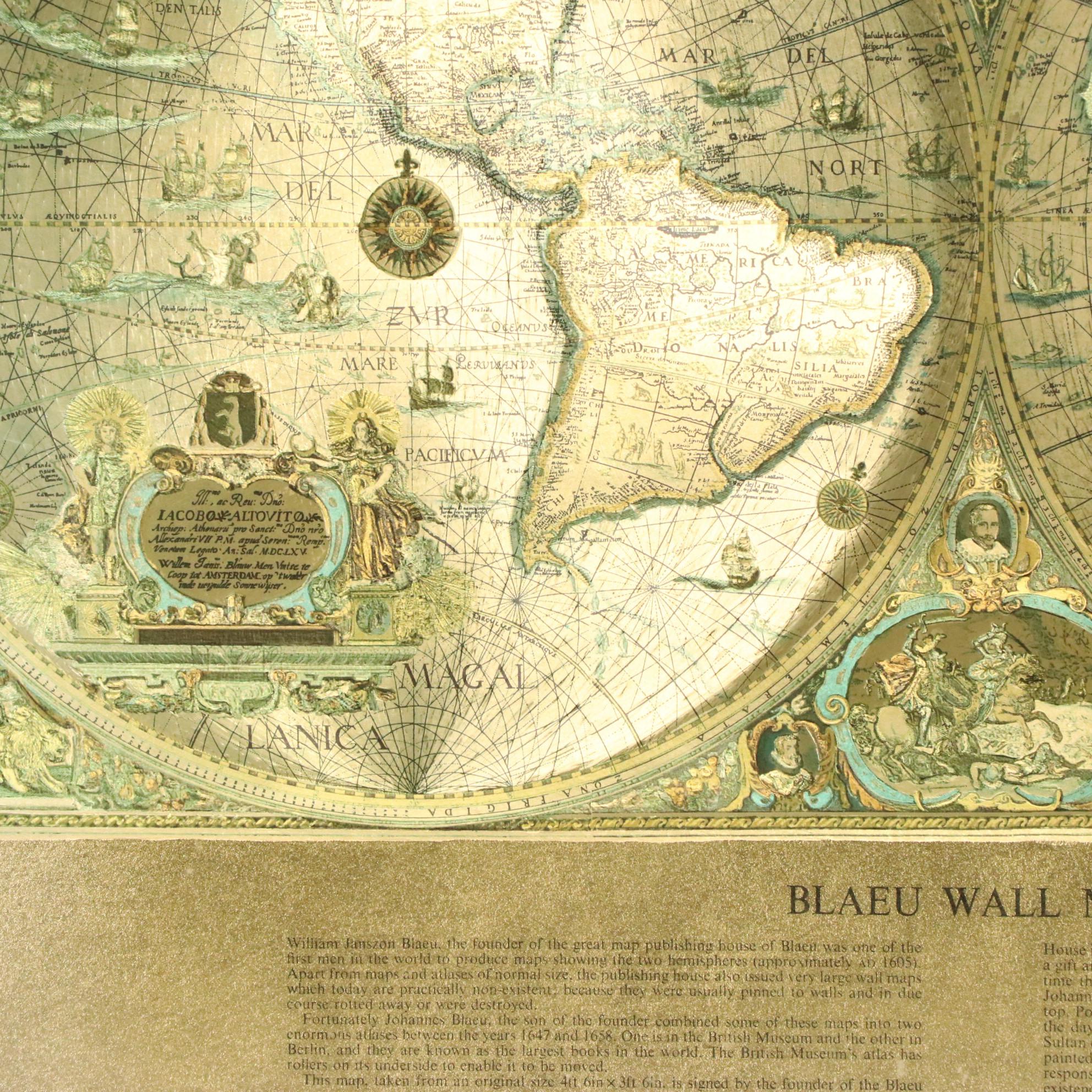 Gold Foil World Wall Map After Johannes Blaeu, Mid/Late 20th Century