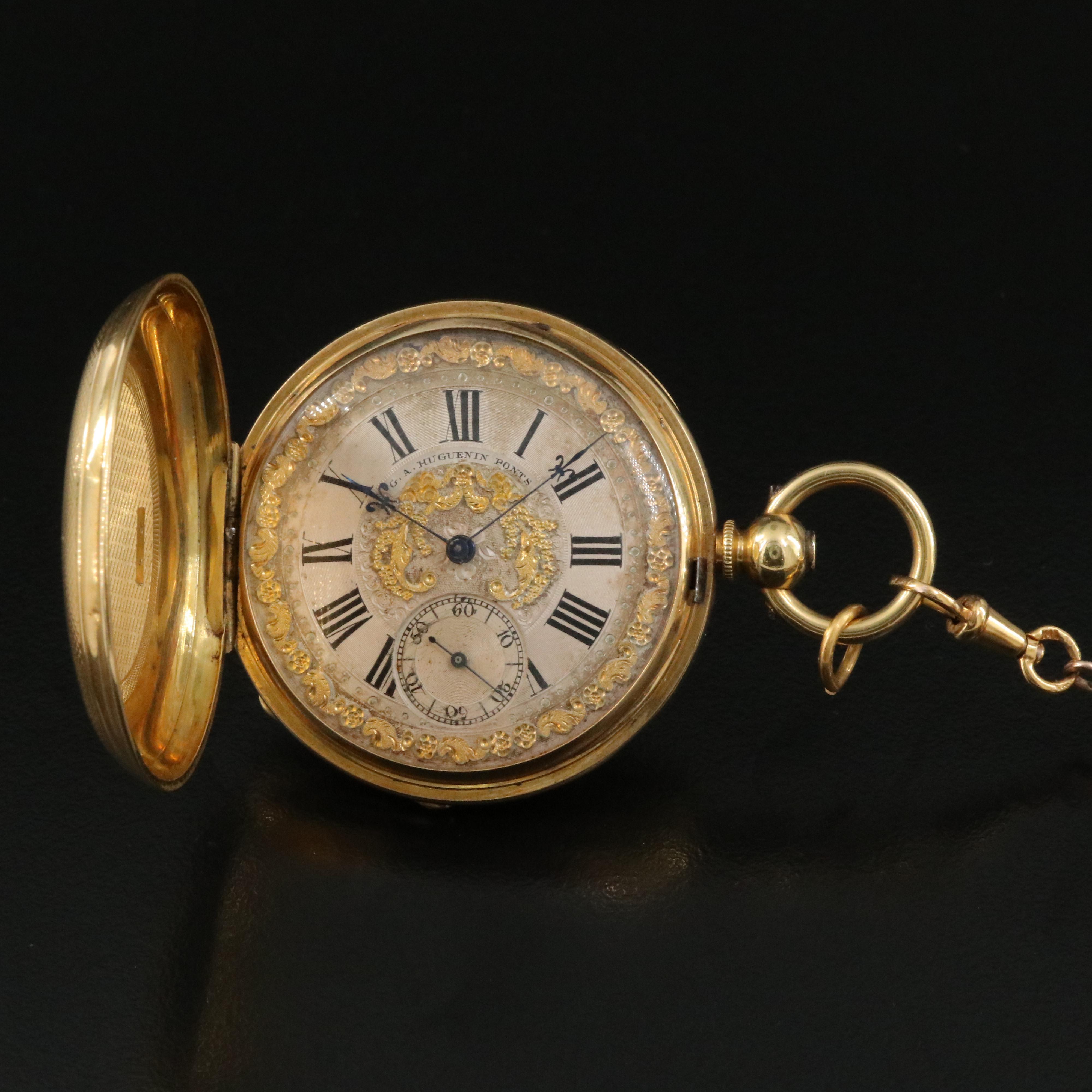 Antique G.A. Huguenin Ponts 18K Gold Double Hunter Pocket Watch