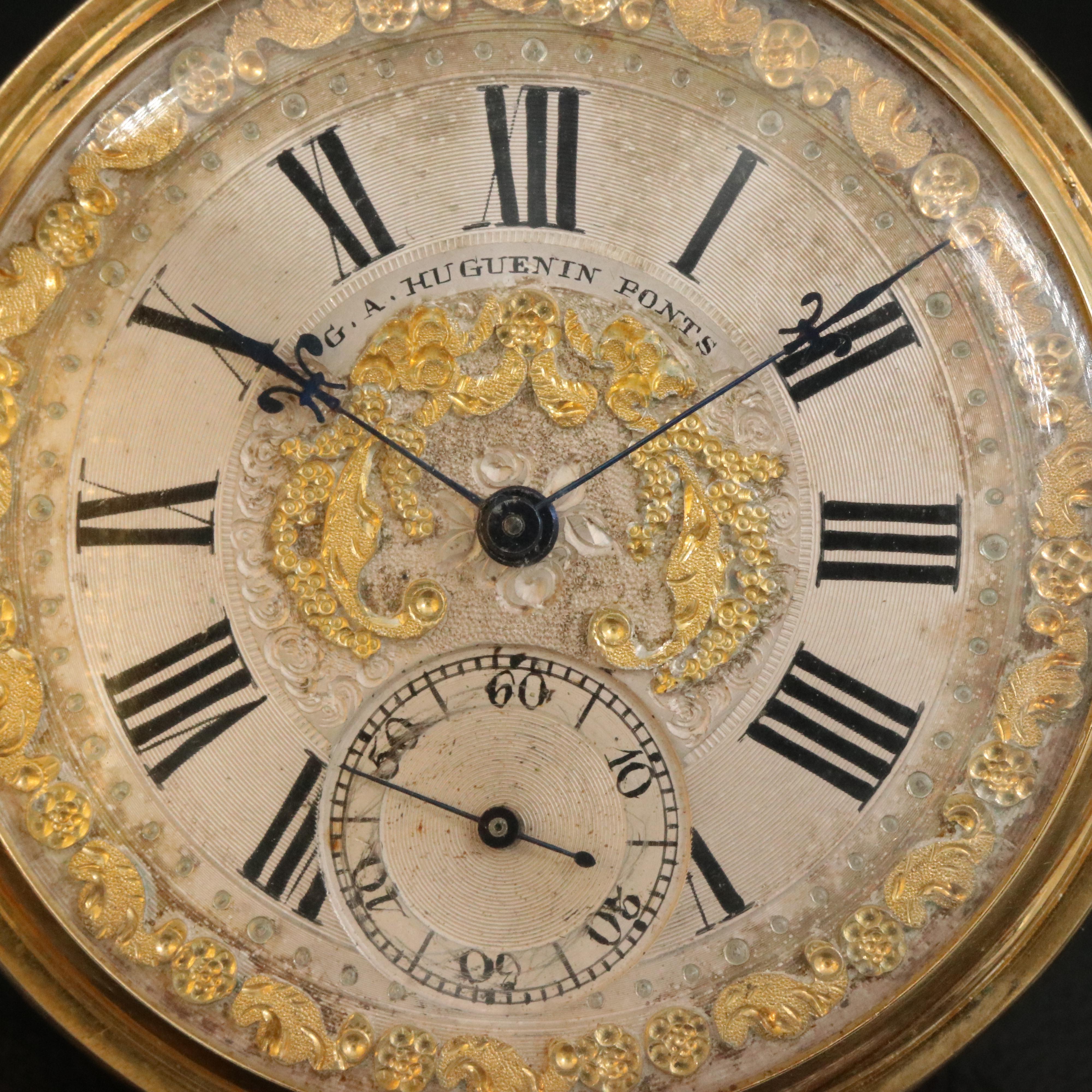 Antique G.A. Huguenin Ponts 18K Gold Double Hunter Pocket Watch