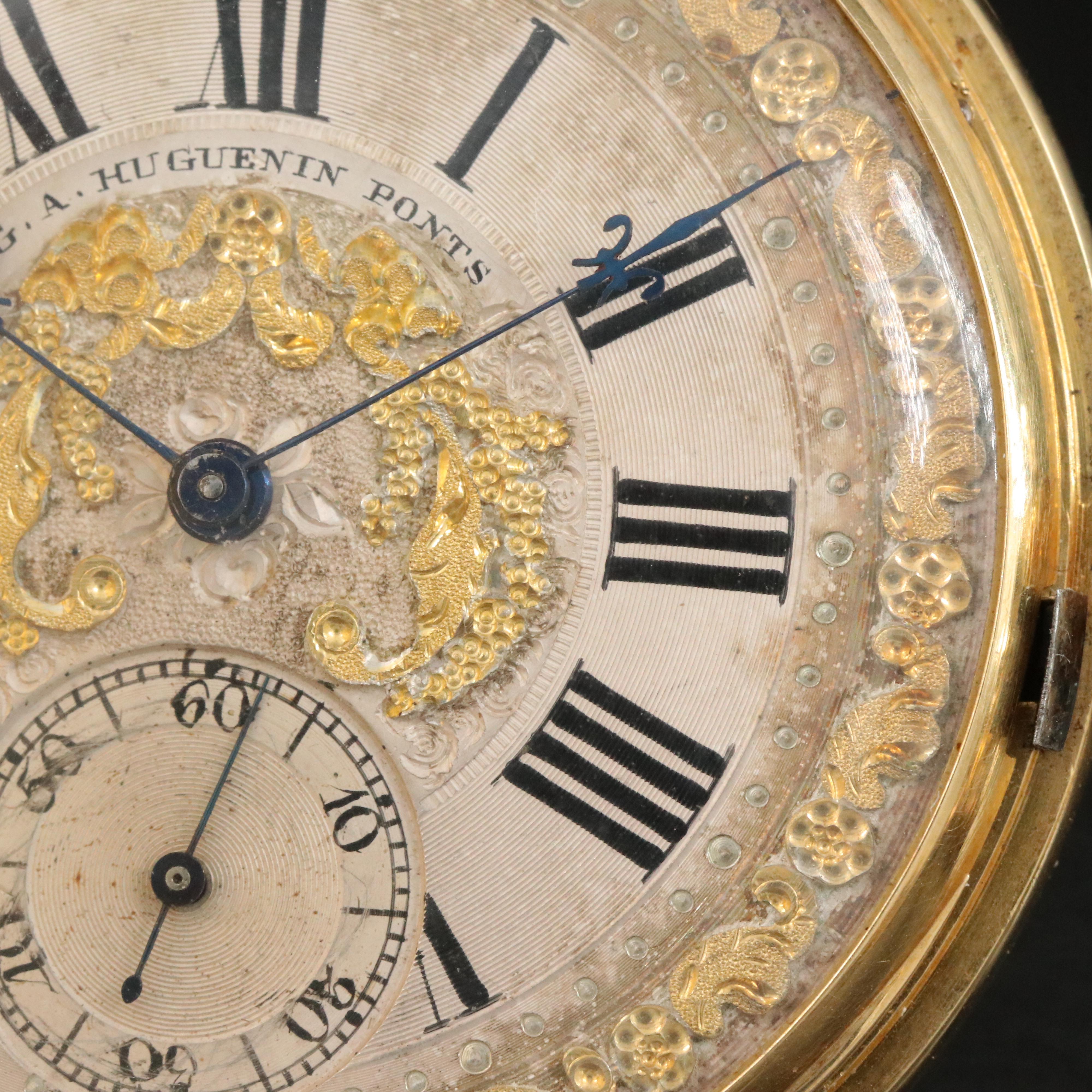 Antique G.A. Huguenin Ponts 18K Gold Double Hunter Pocket Watch