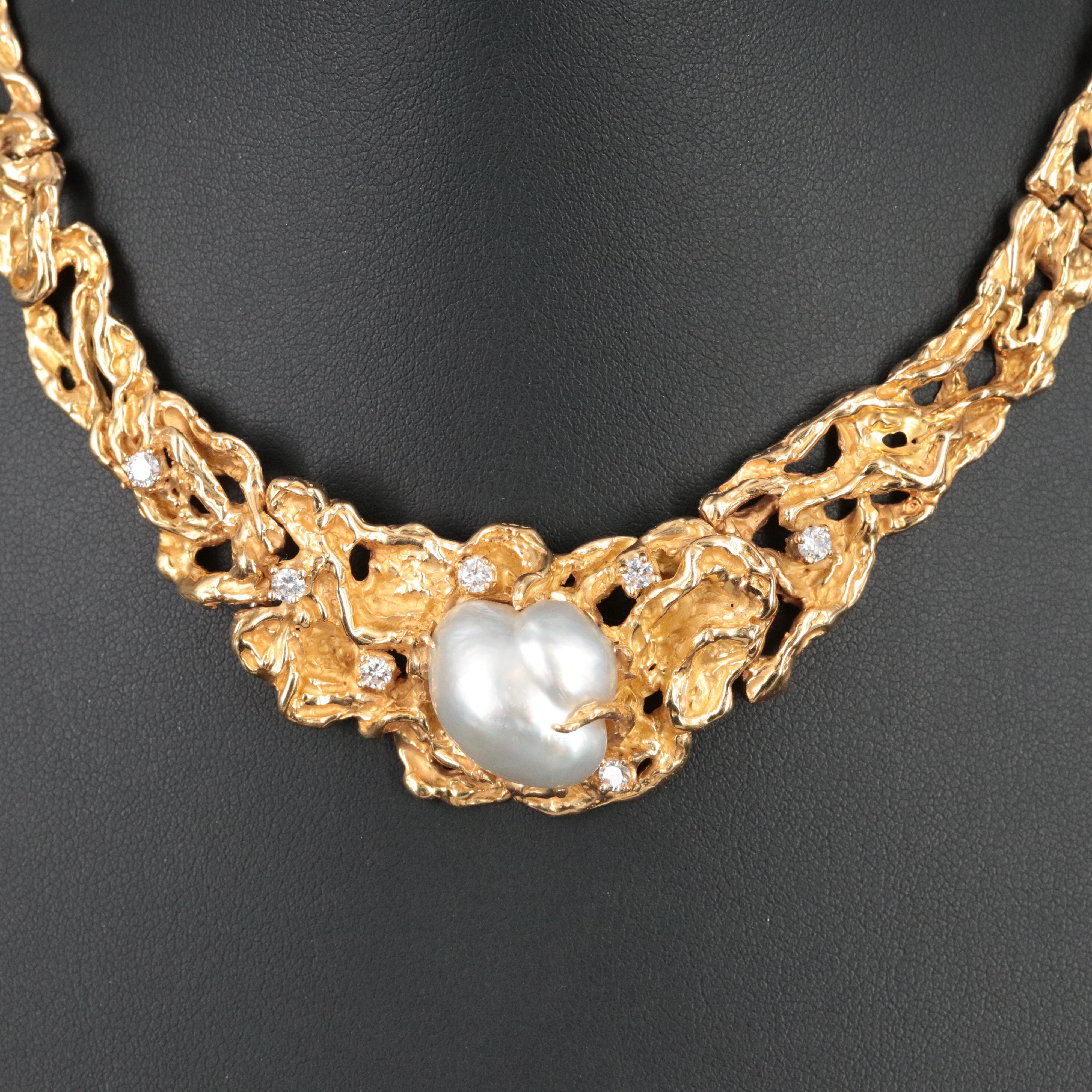 Arthur King 18K Baroque Pearl and Diamond Modernist Necklace, c.1970