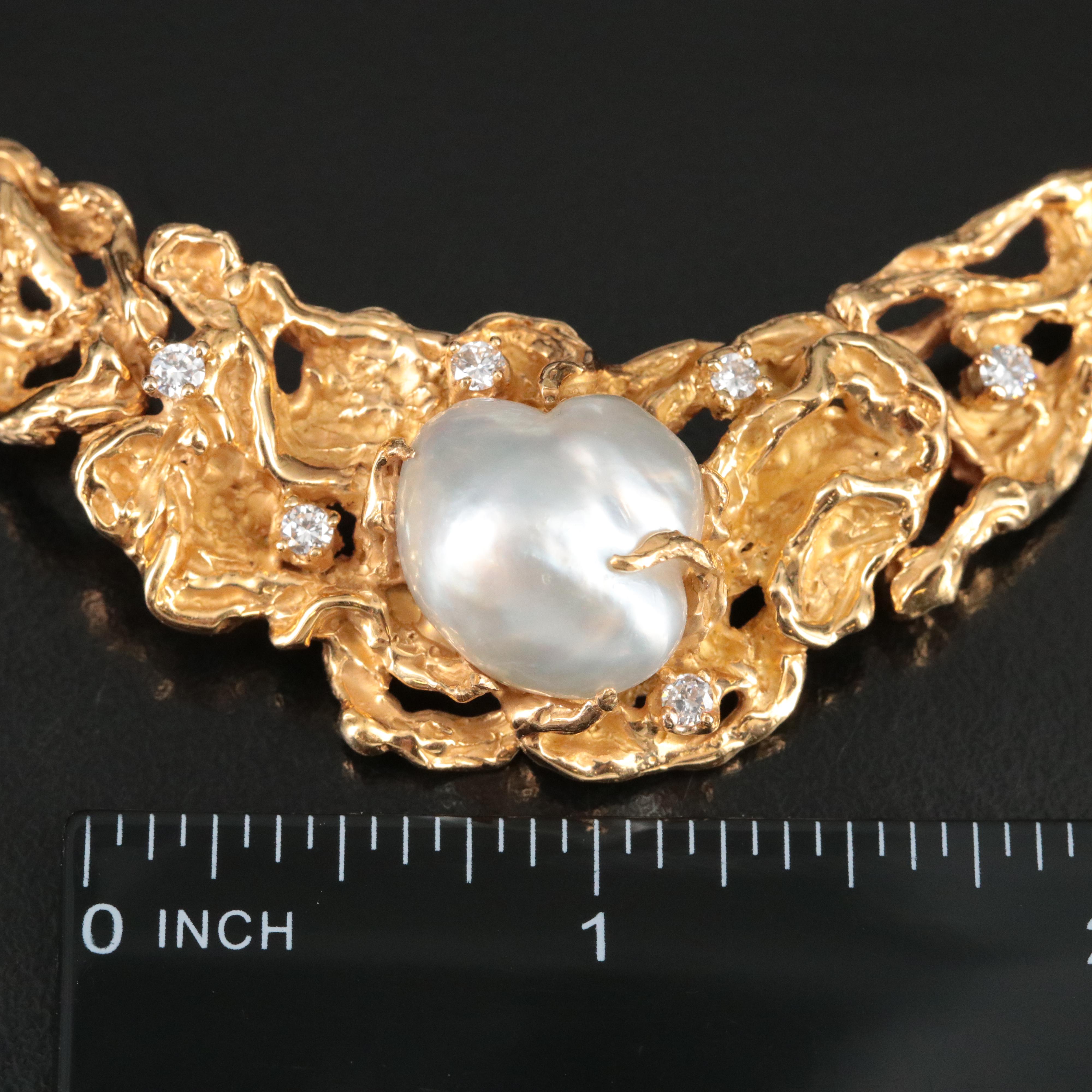 Arthur King 18K Baroque Pearl and Diamond Modernist Necklace, c.1970