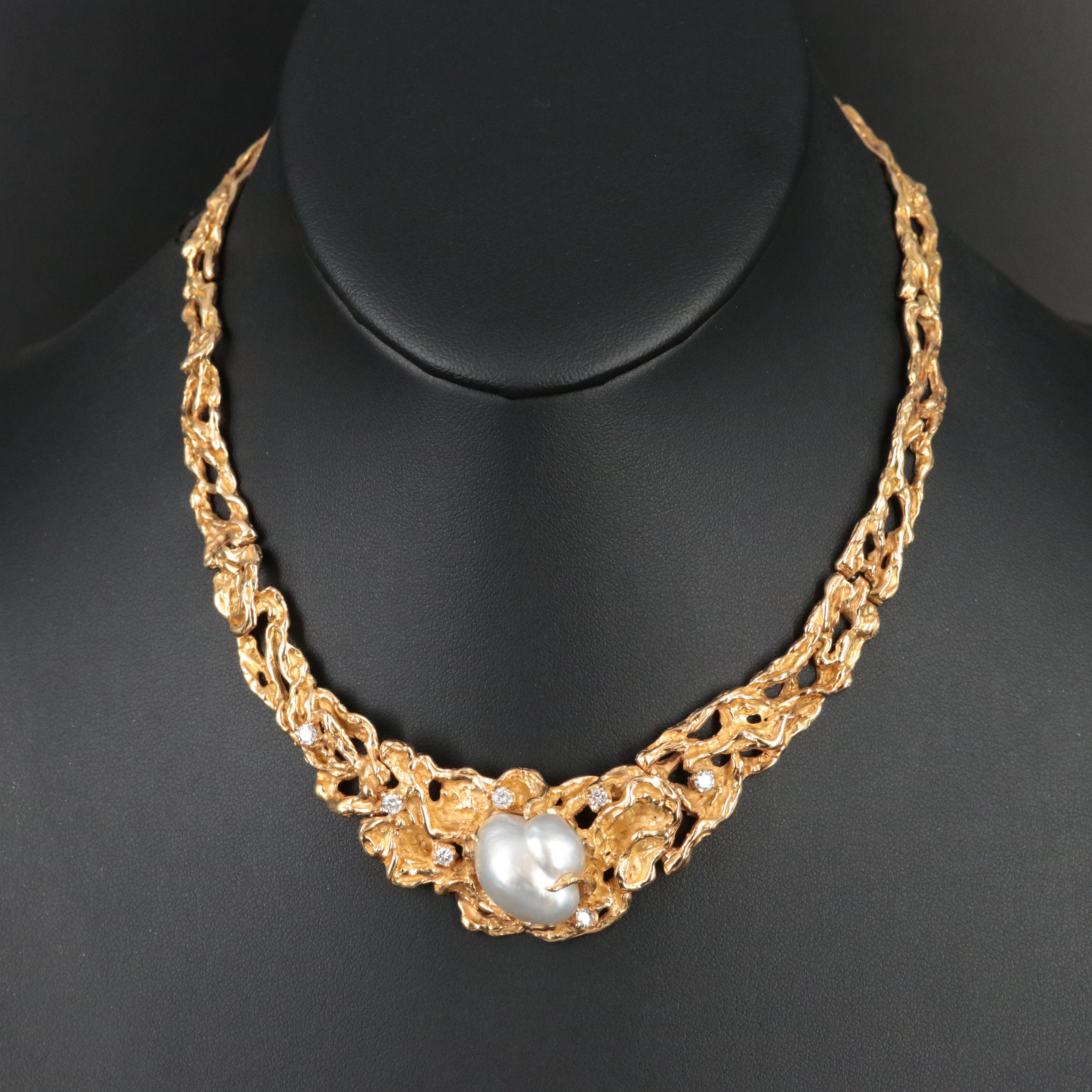 Arthur King 18K Baroque Pearl and Diamond Modernist Necklace, c.1970