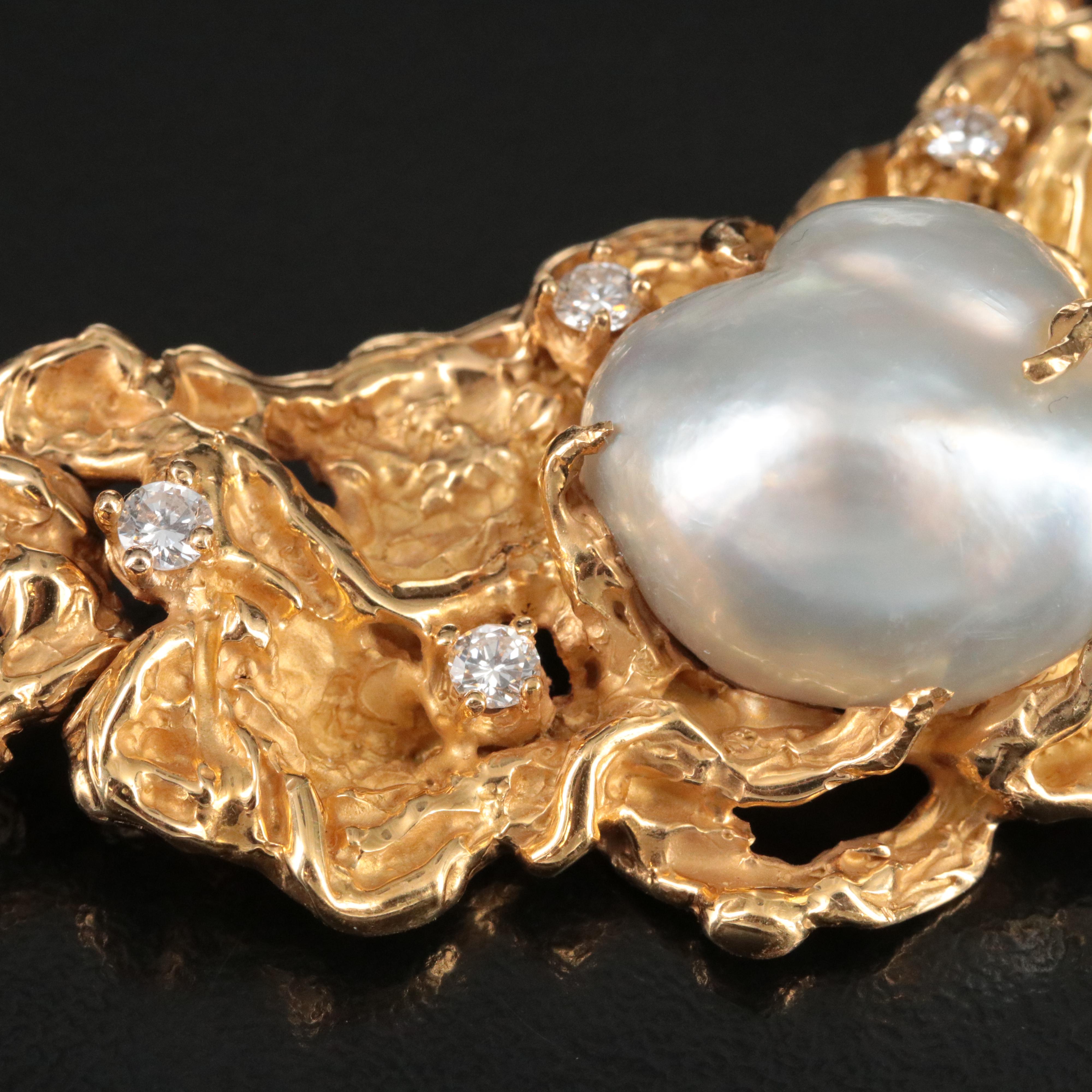 Arthur King 18K Baroque Pearl and Diamond Modernist Necklace, c.1970
