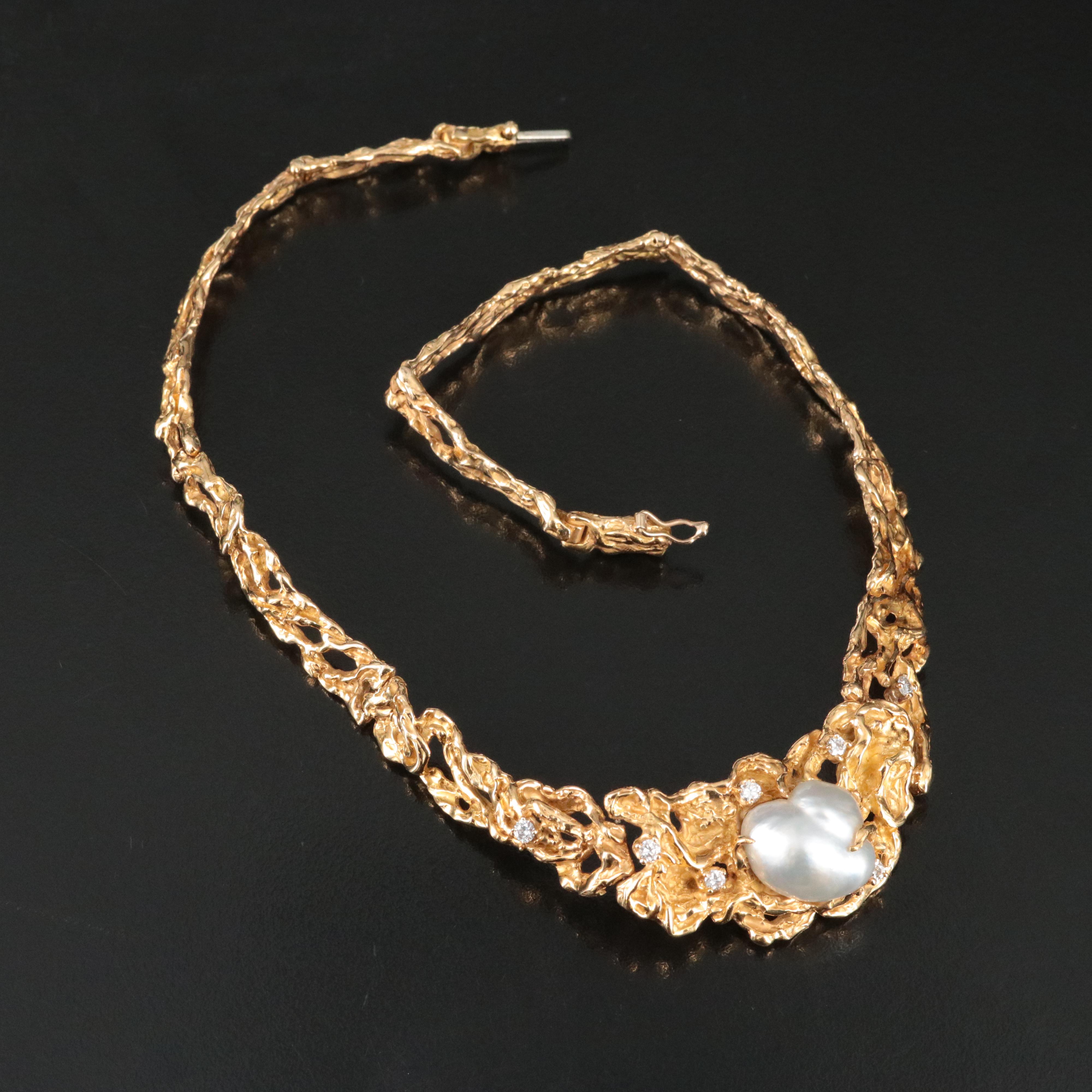 Arthur King 18K Baroque Pearl and Diamond Modernist Necklace, c.1970