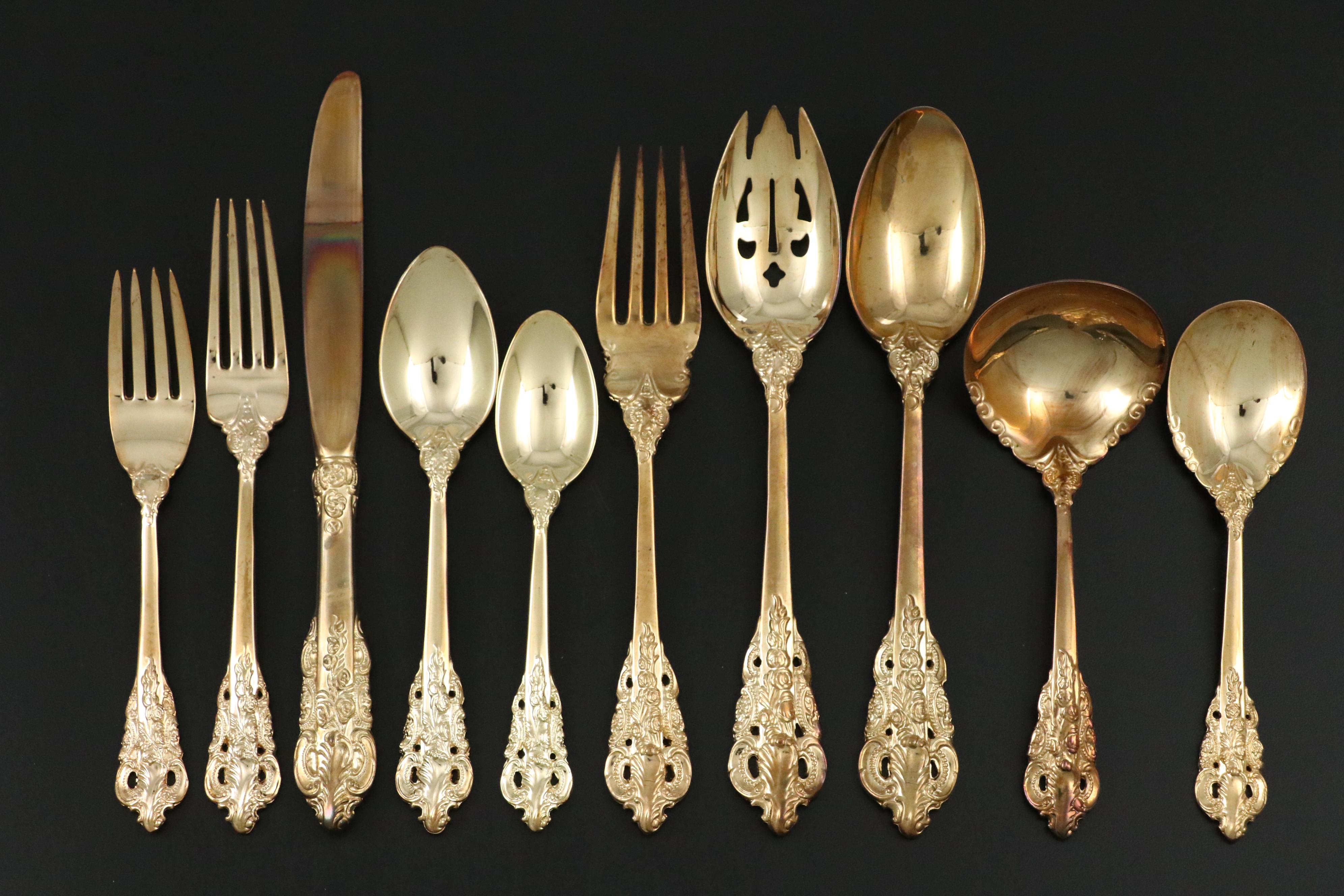 Godinger "Baroque " Gold Plated Flatware and Serving Utensils with Storage Chest