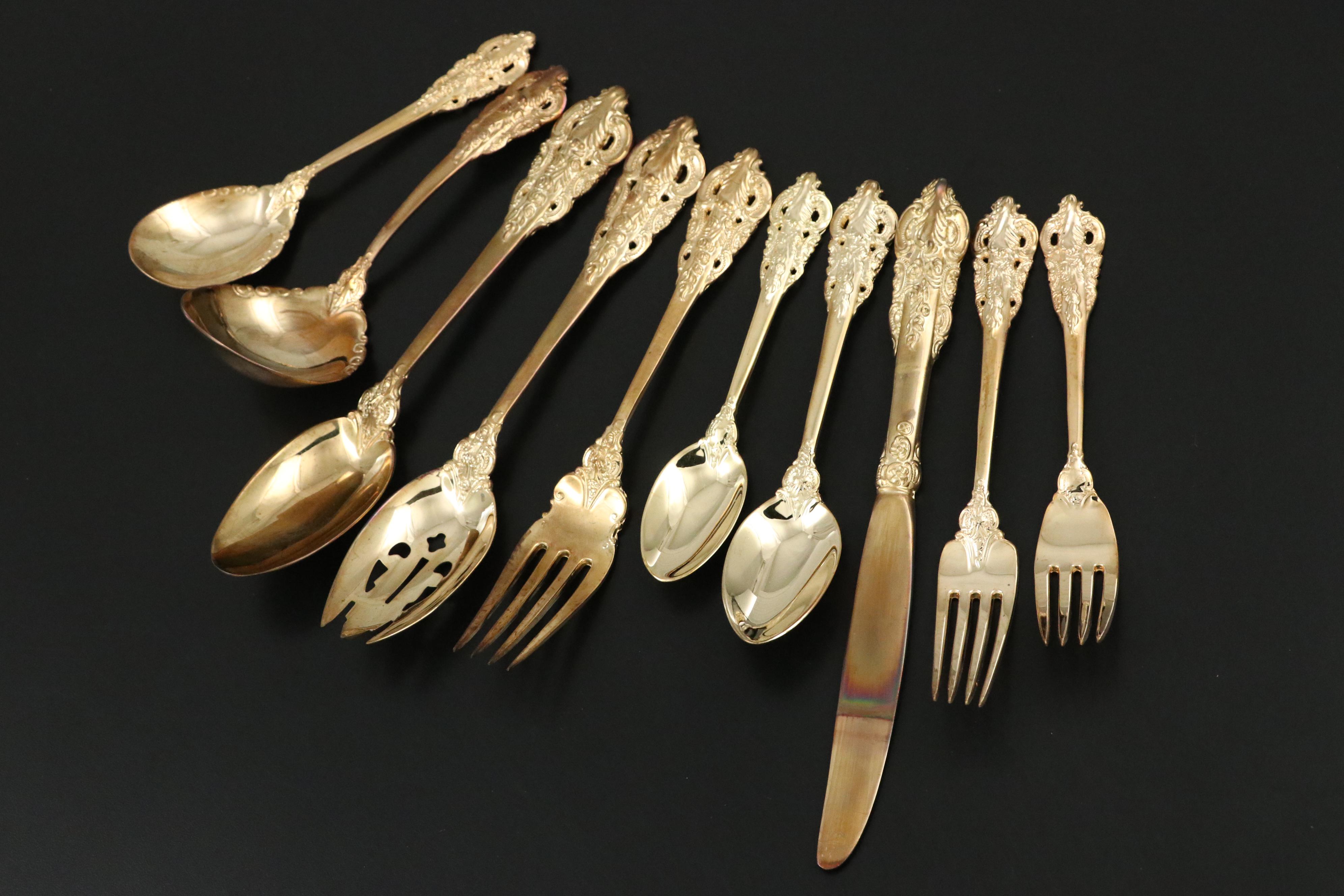 Godinger "Baroque " Gold Plated Flatware and Serving Utensils with Storage Chest