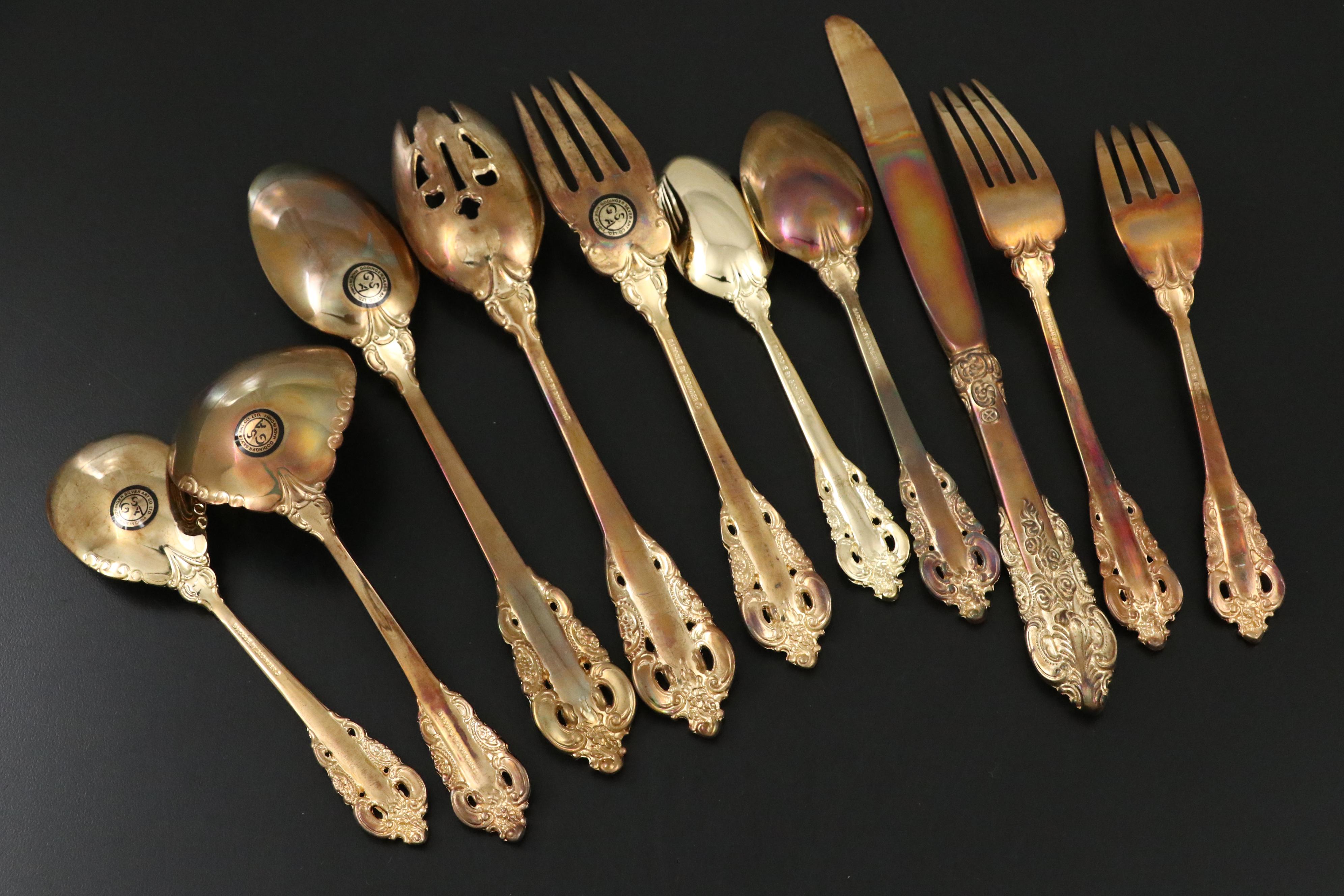 Godinger "Baroque " Gold Plated Flatware and Serving Utensils with Storage Chest