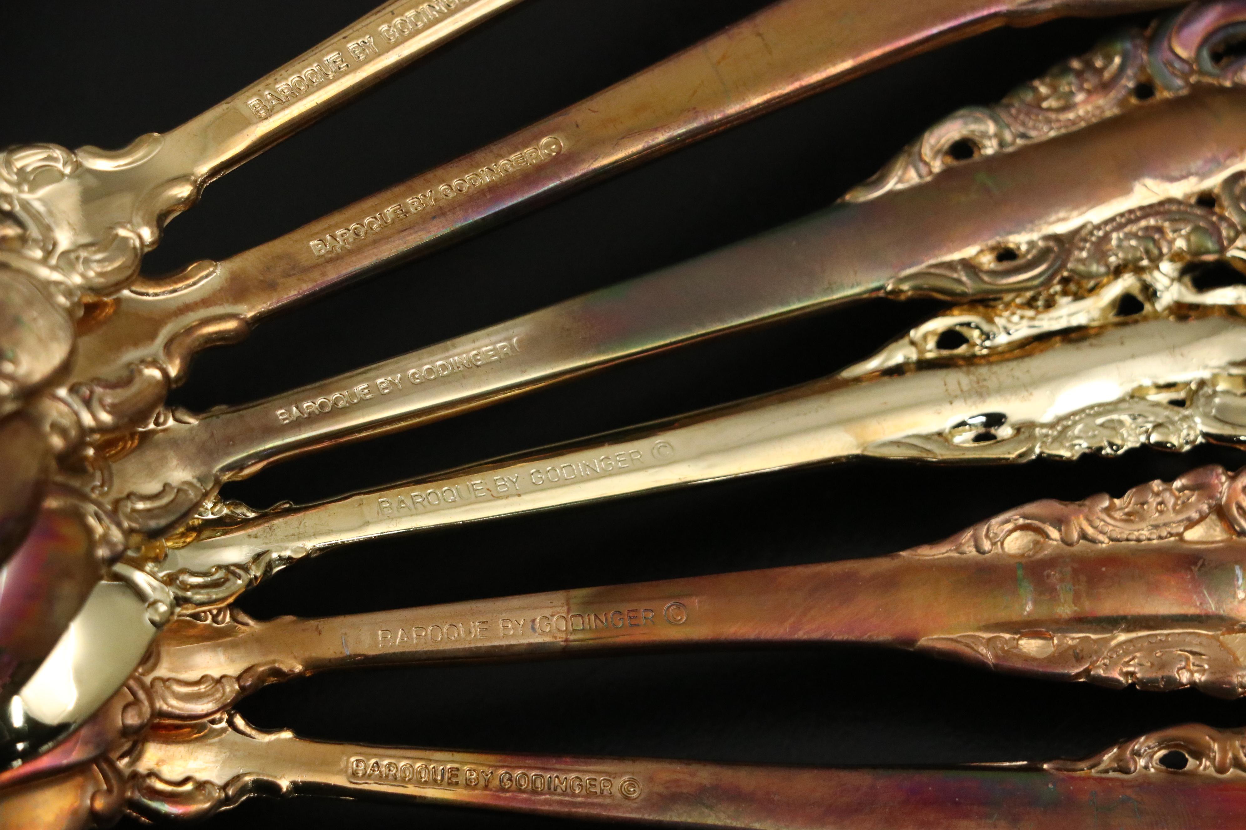 Godinger "Baroque " Gold Plated Flatware and Serving Utensils with Storage Chest