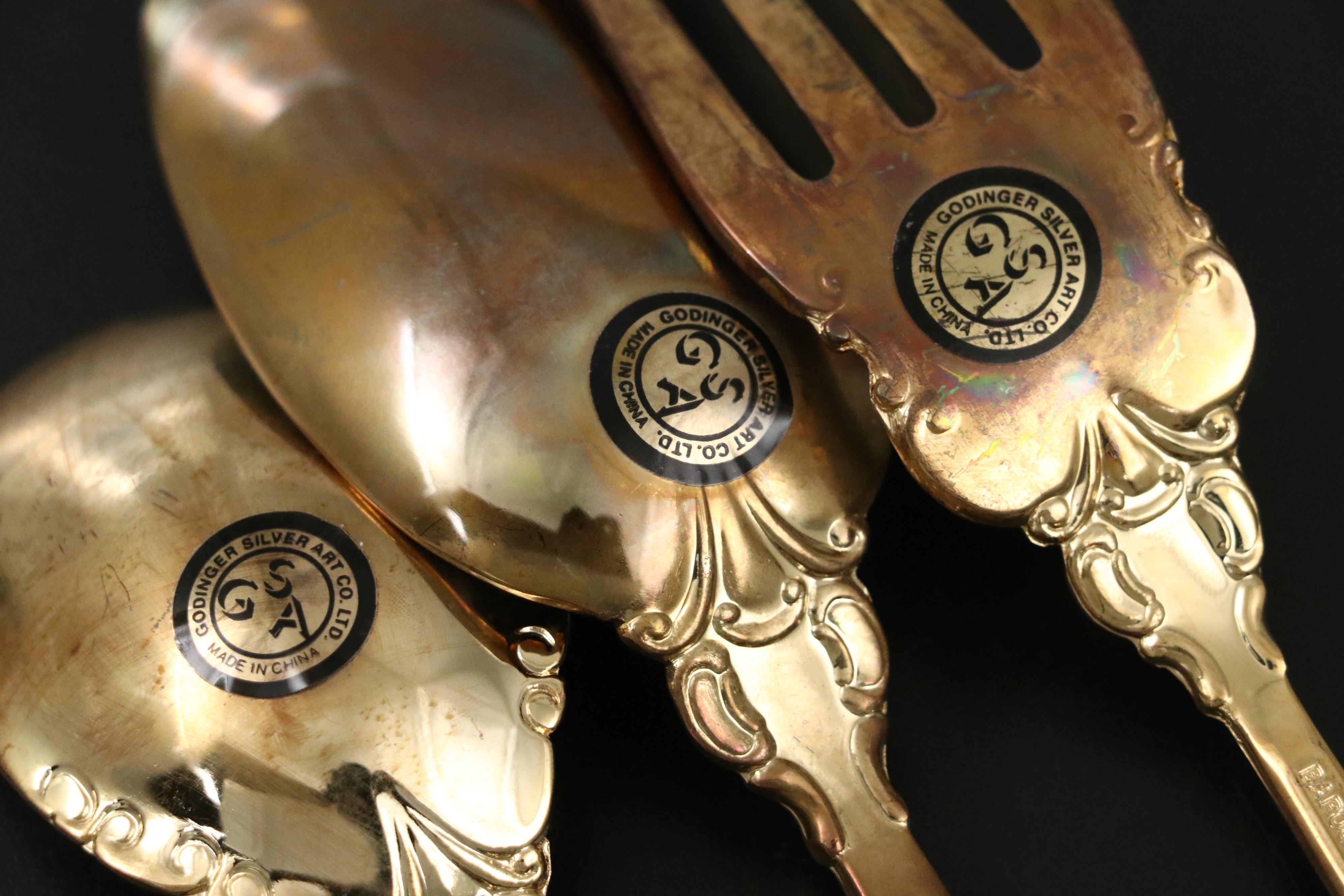 Godinger "Baroque " Gold Plated Flatware and Serving Utensils with Storage Chest