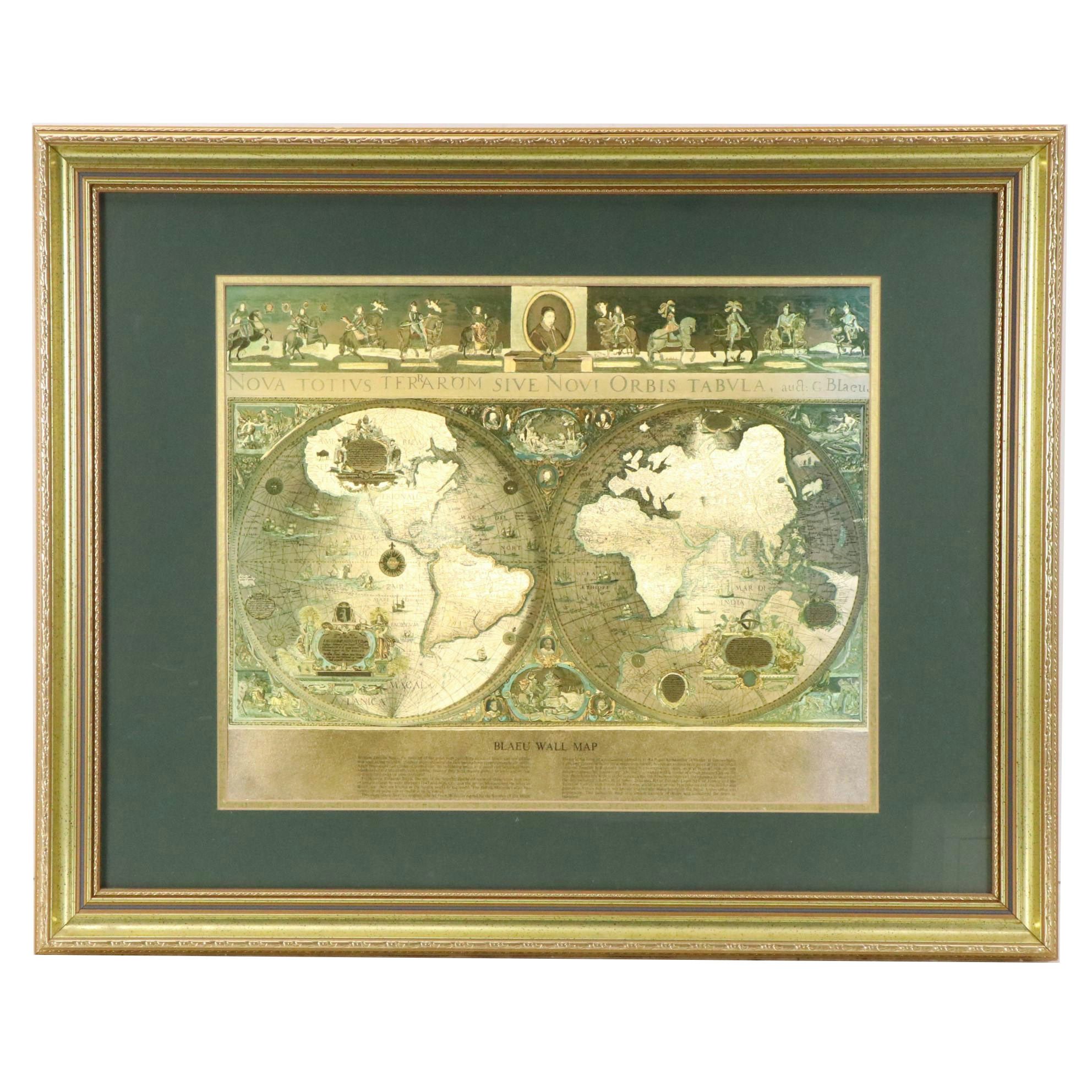 Gold Foil World Wall Map After Johannes Blaeu, Mid/Late 20th Century