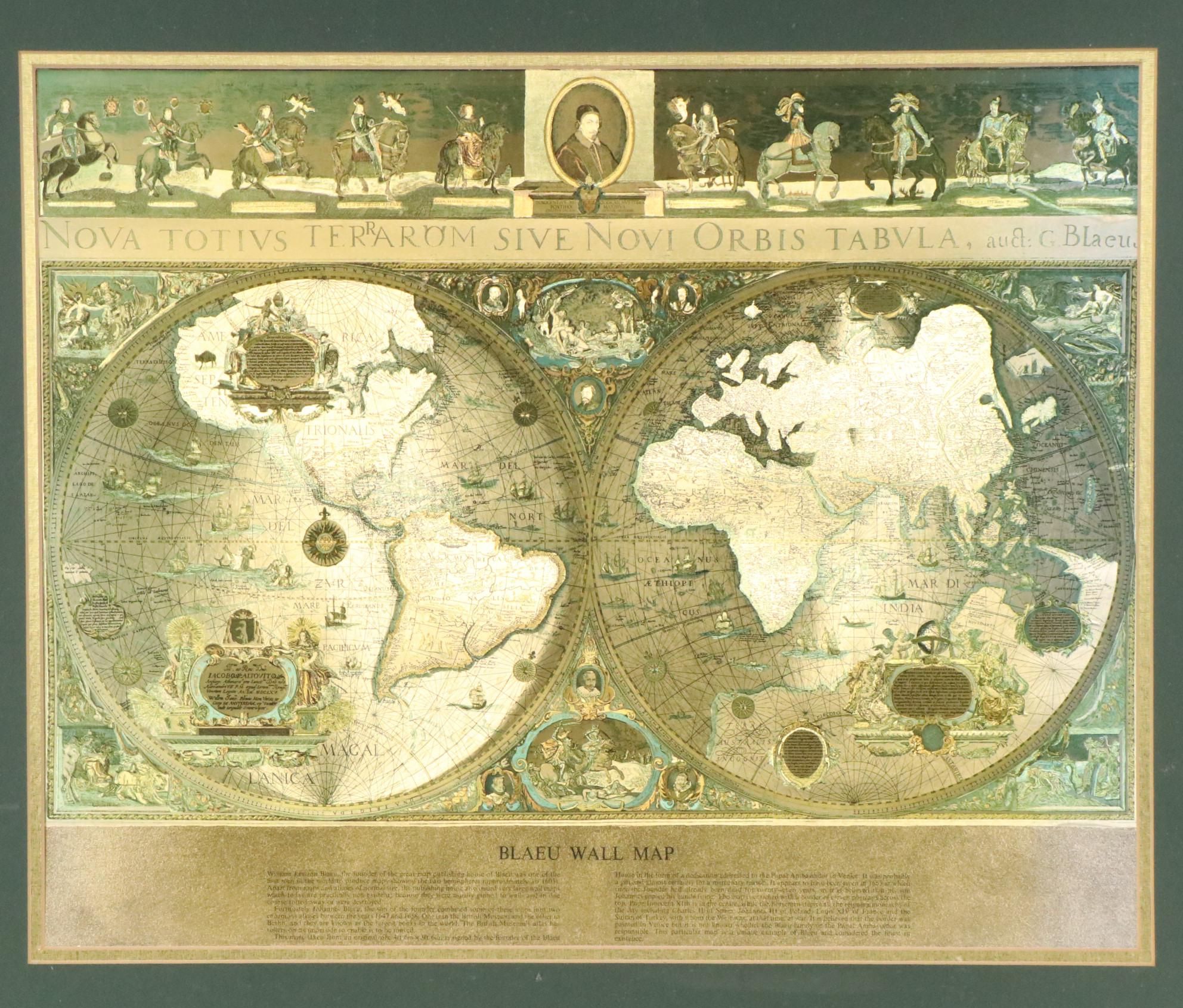 Gold Foil World Wall Map After Johannes Blaeu, Mid/Late 20th Century