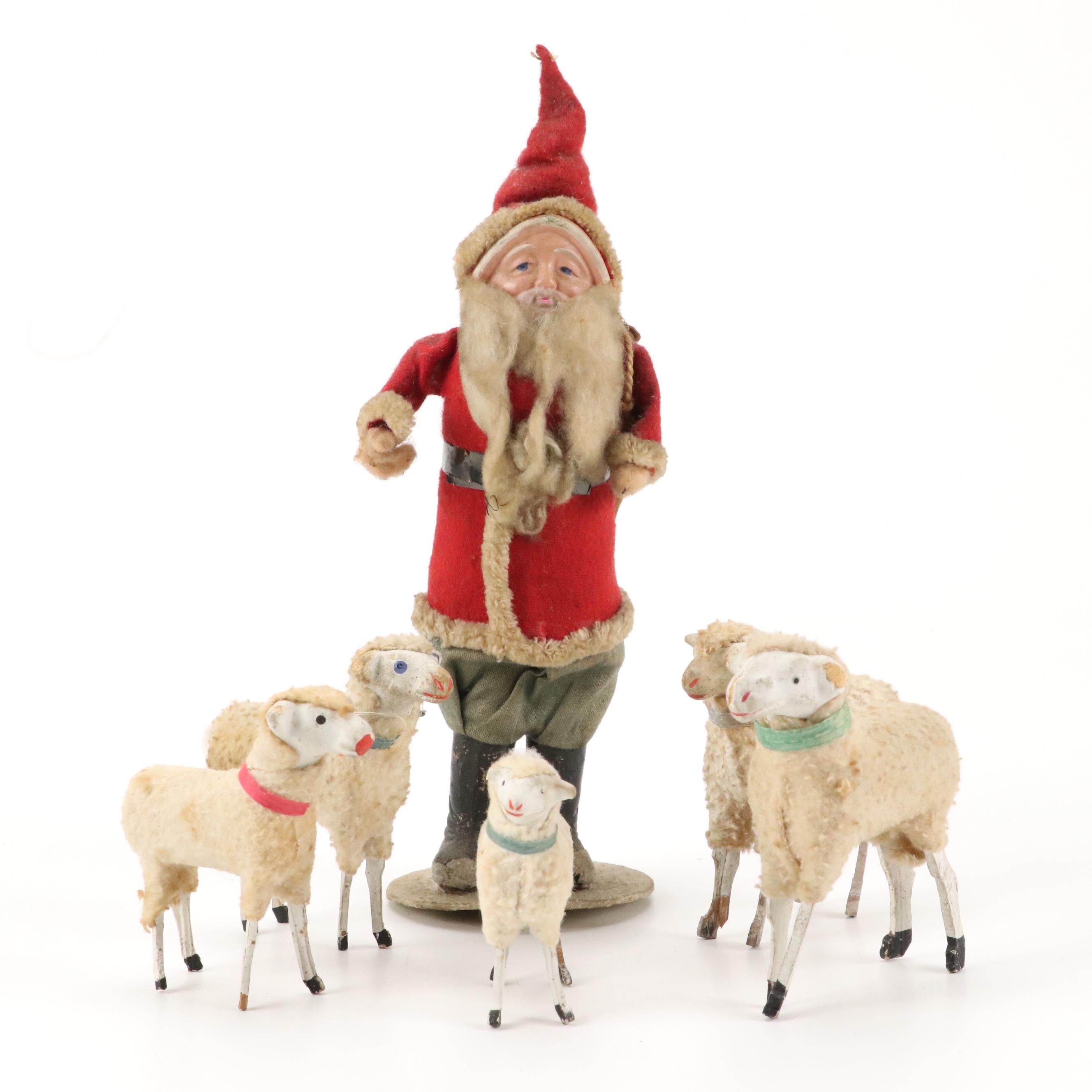 Santa Claus Candy Container with German Wooly Putz Sheep, 20th Century