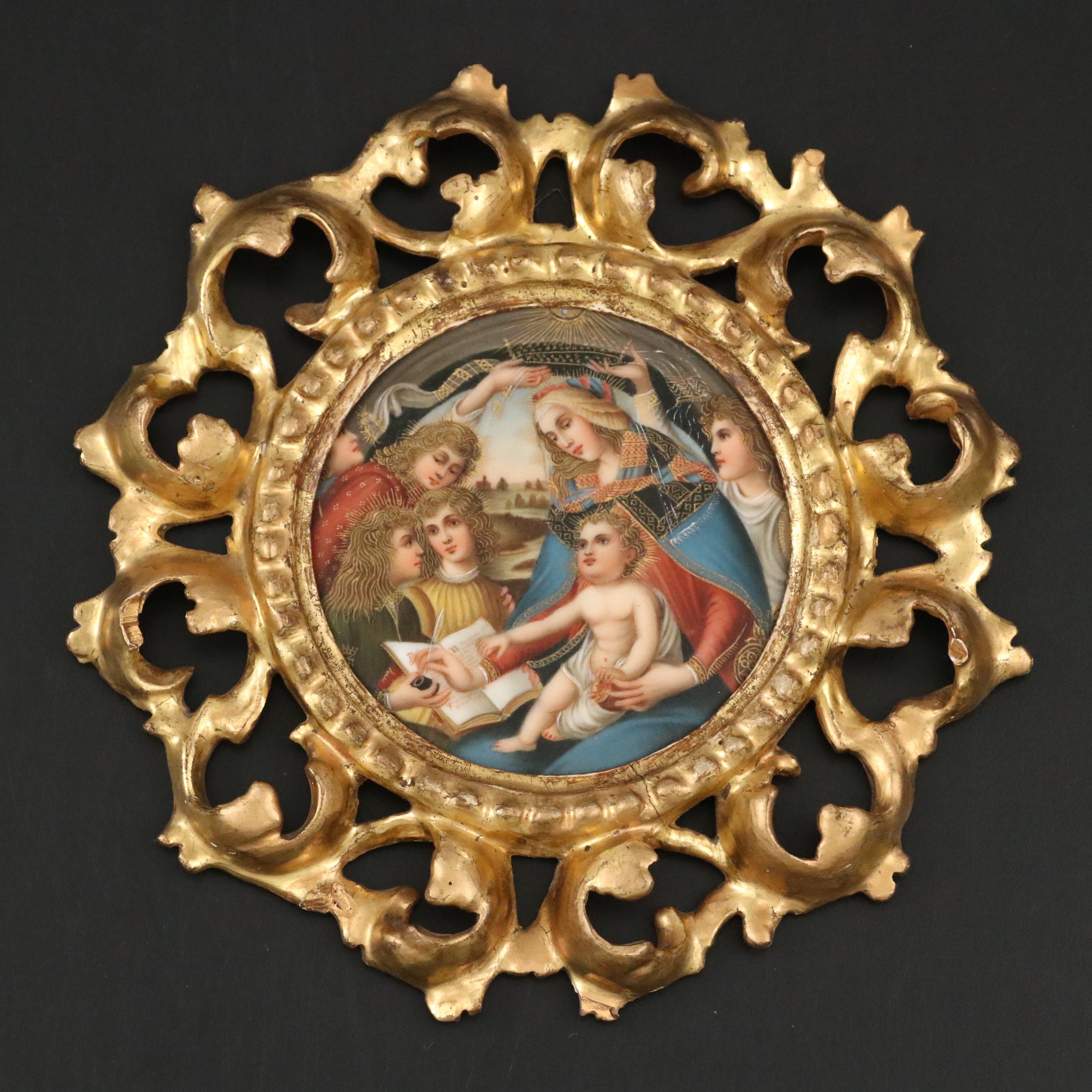 Italian Porcelain "Coronation of the Virgin" Plaque in Giltwood Frame