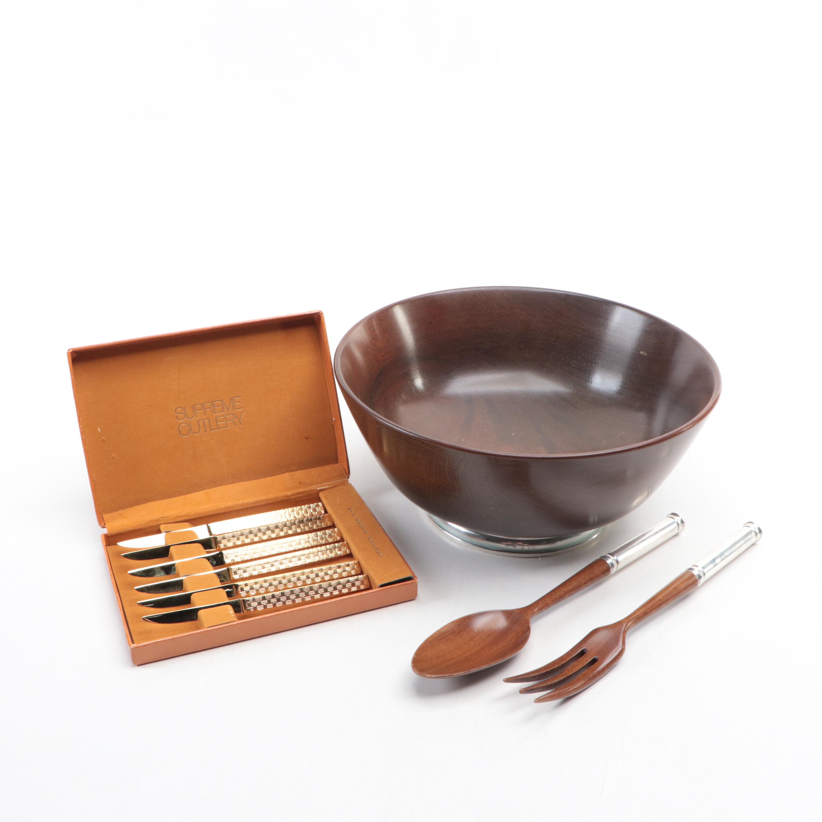 John Hasselbring Sterling Silver and Wooden Bowl and Utensils with Knives