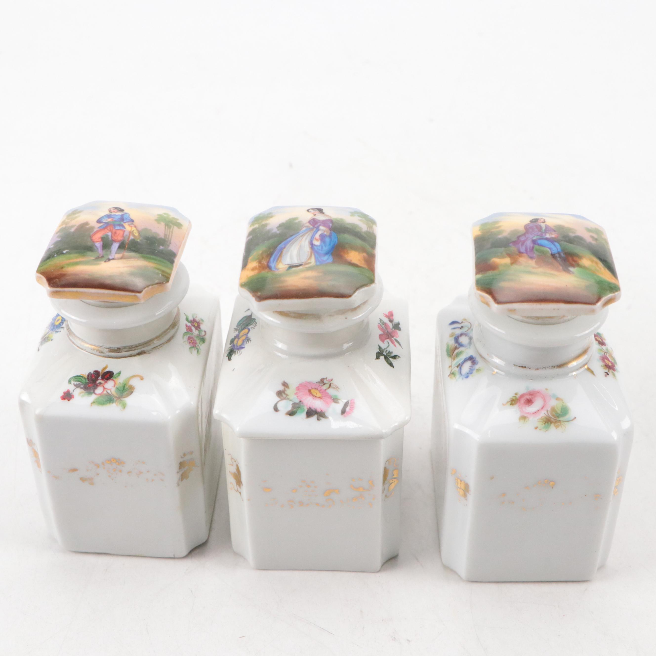Wooden Inlay Tea Caddy with Hand-Painted Porcelain Canisters