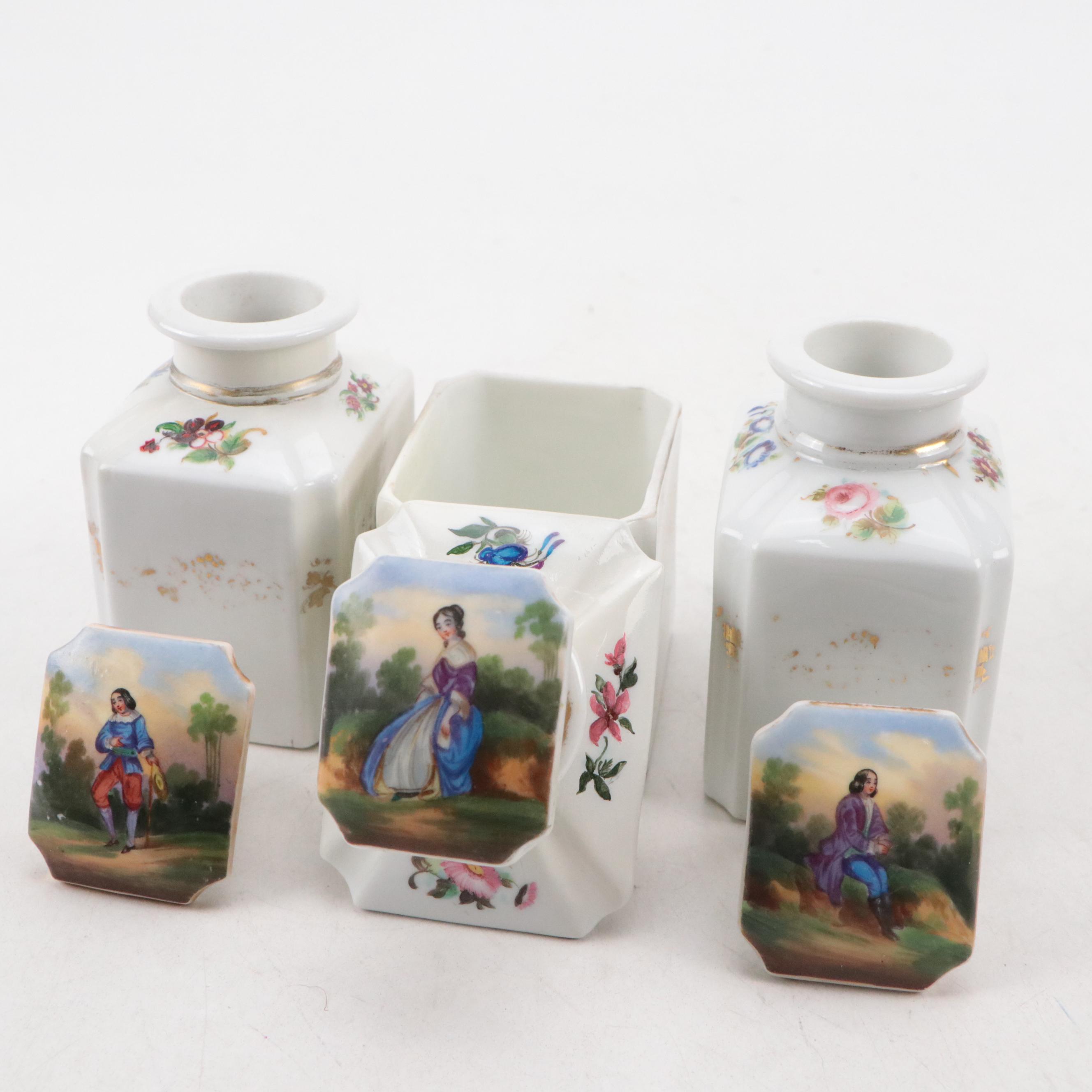 Wooden Inlay Tea Caddy with Hand-Painted Porcelain Canisters