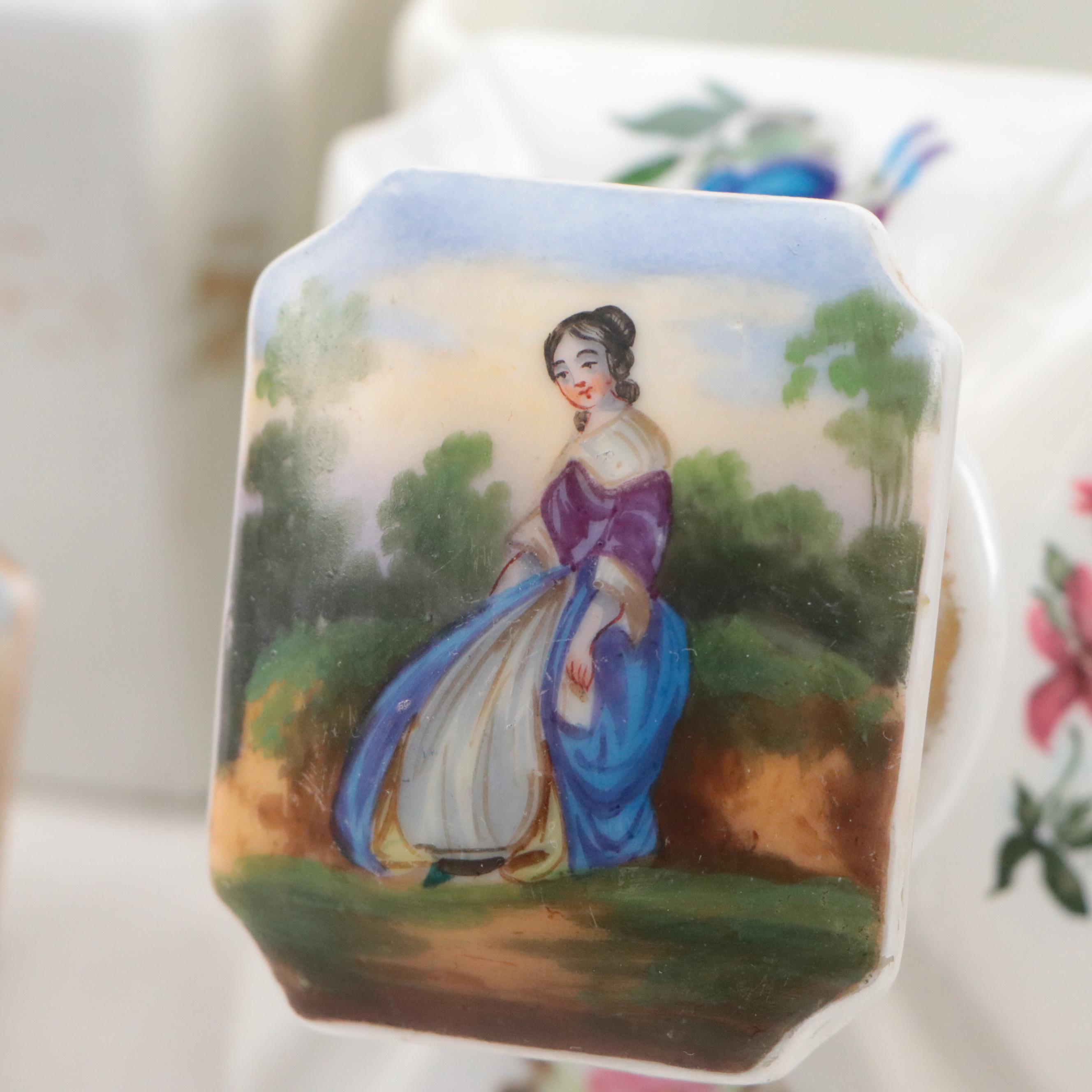 Wooden Inlay Tea Caddy with Hand-Painted Porcelain Canisters