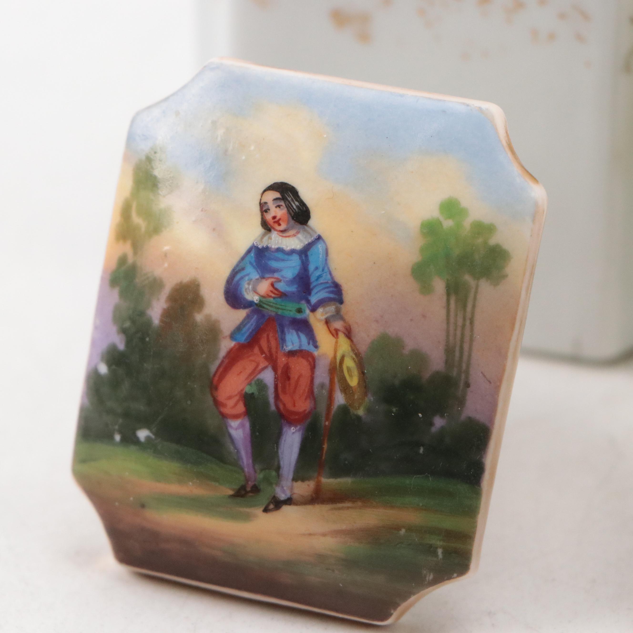 Wooden Inlay Tea Caddy with Hand-Painted Porcelain Canisters