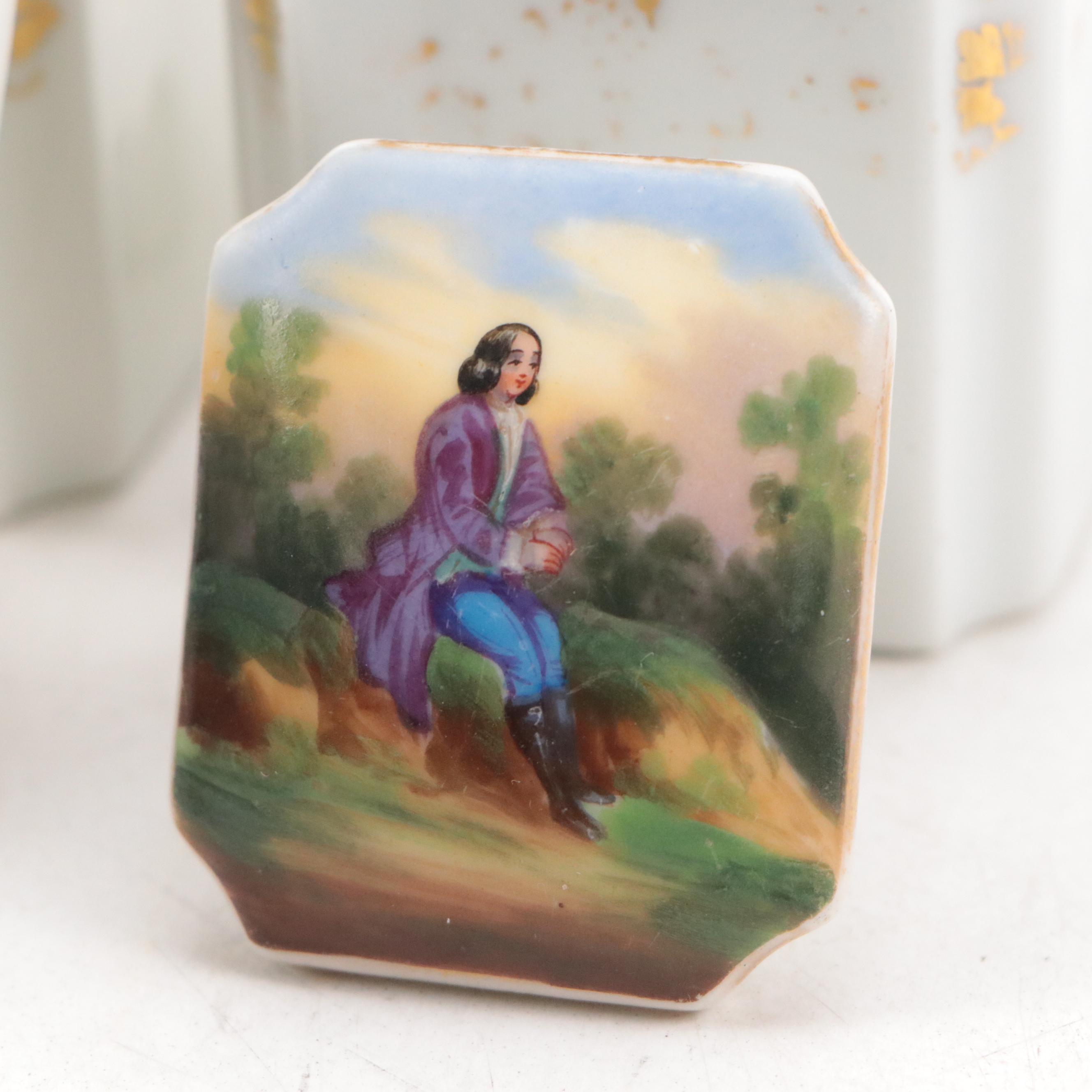 Wooden Inlay Tea Caddy with Hand-Painted Porcelain Canisters