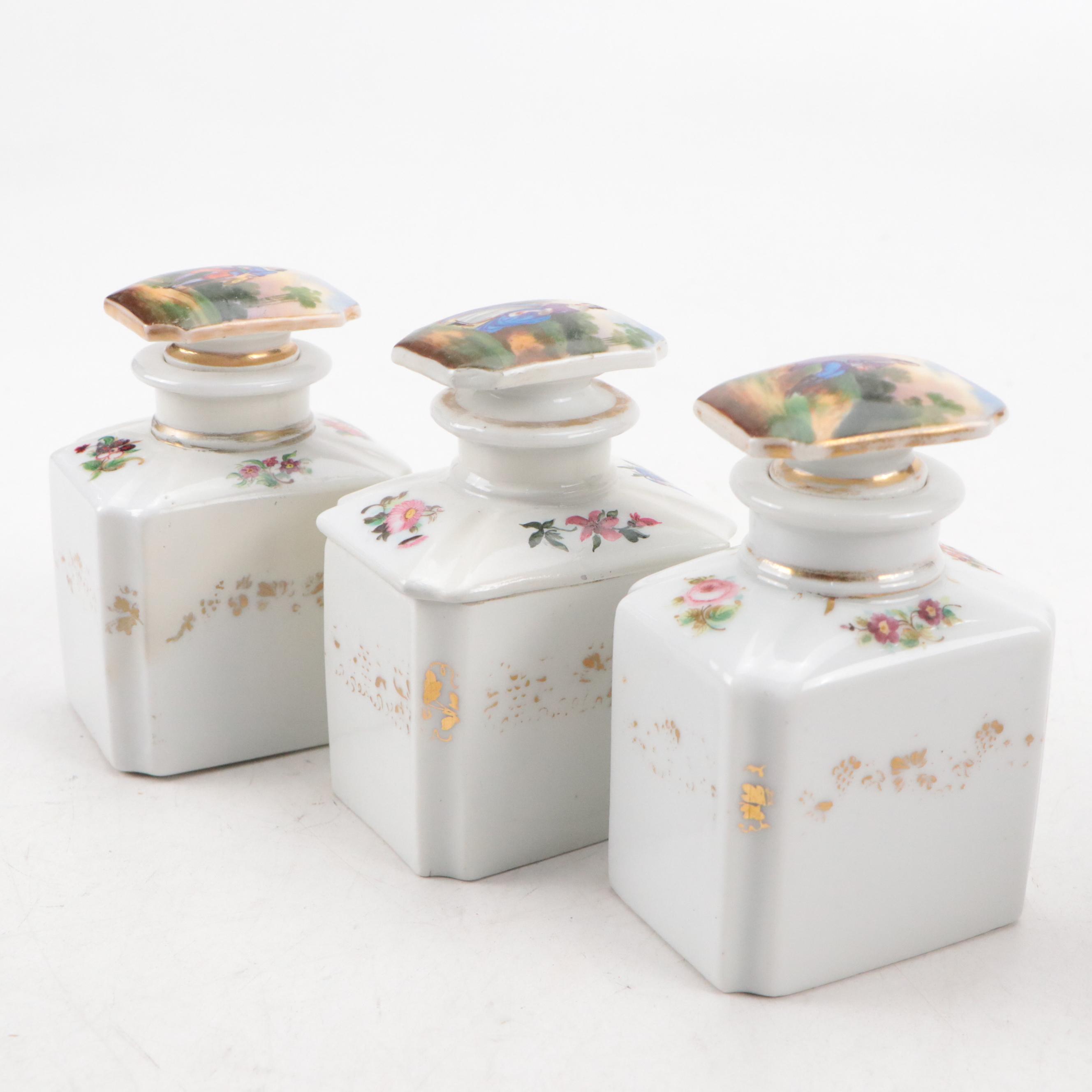 Wooden Inlay Tea Caddy with Hand-Painted Porcelain Canisters