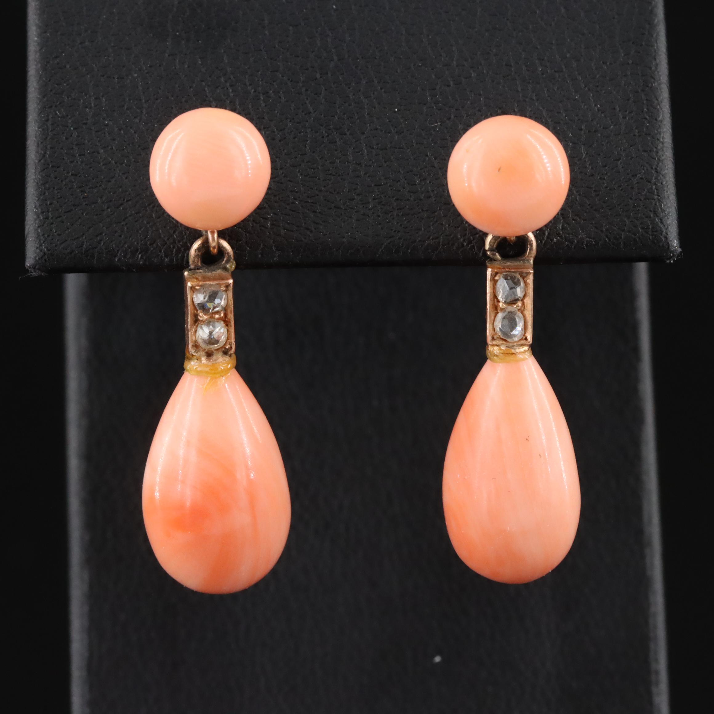 Antique 10K Coral and Diamond Drop Earrings