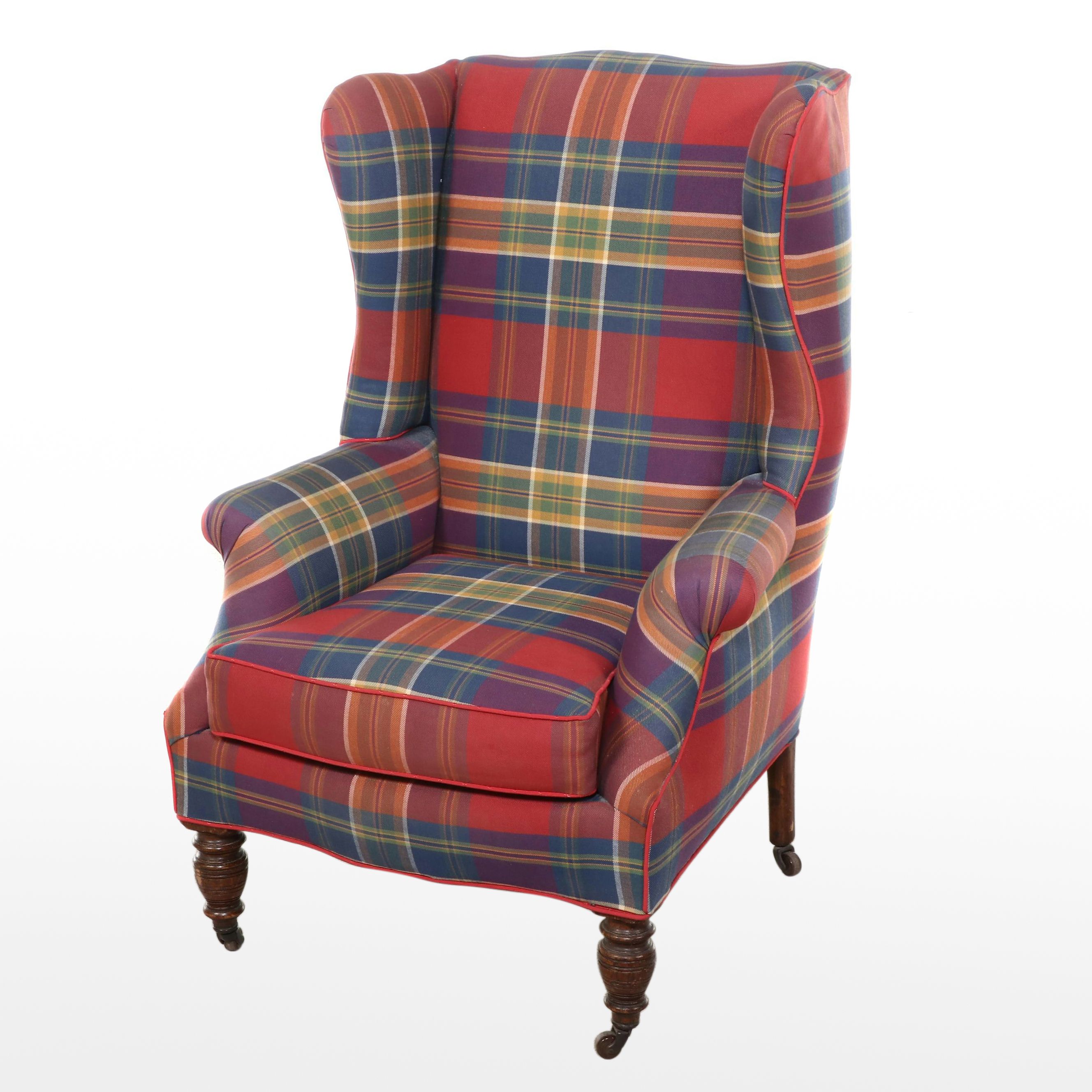 Victorian Oak and Plaid Wingback Armchair, Late 19th Century