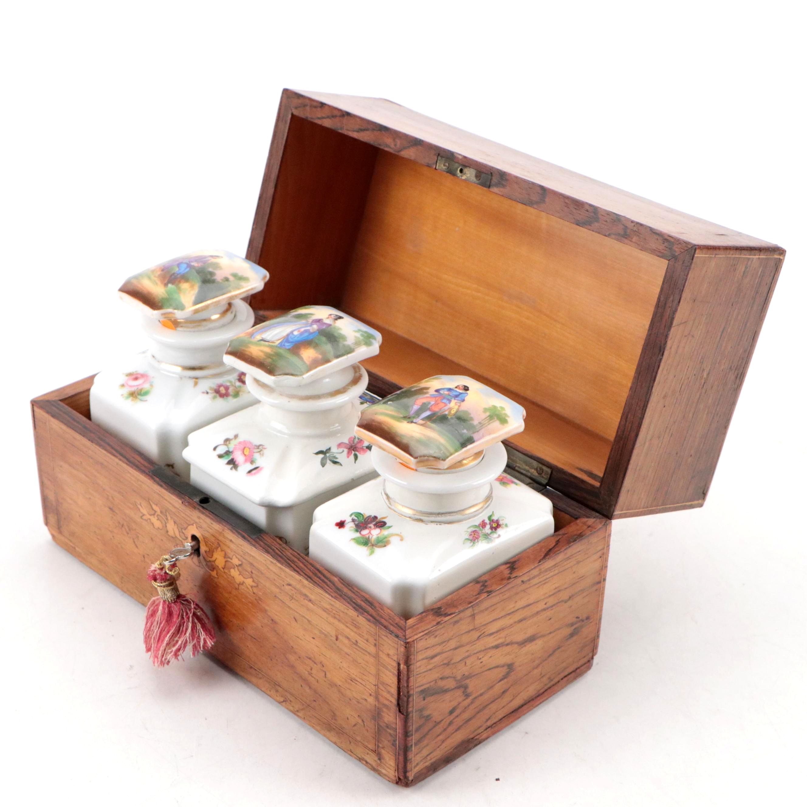 Wooden Inlay Tea Caddy with Hand-Painted Porcelain Canisters