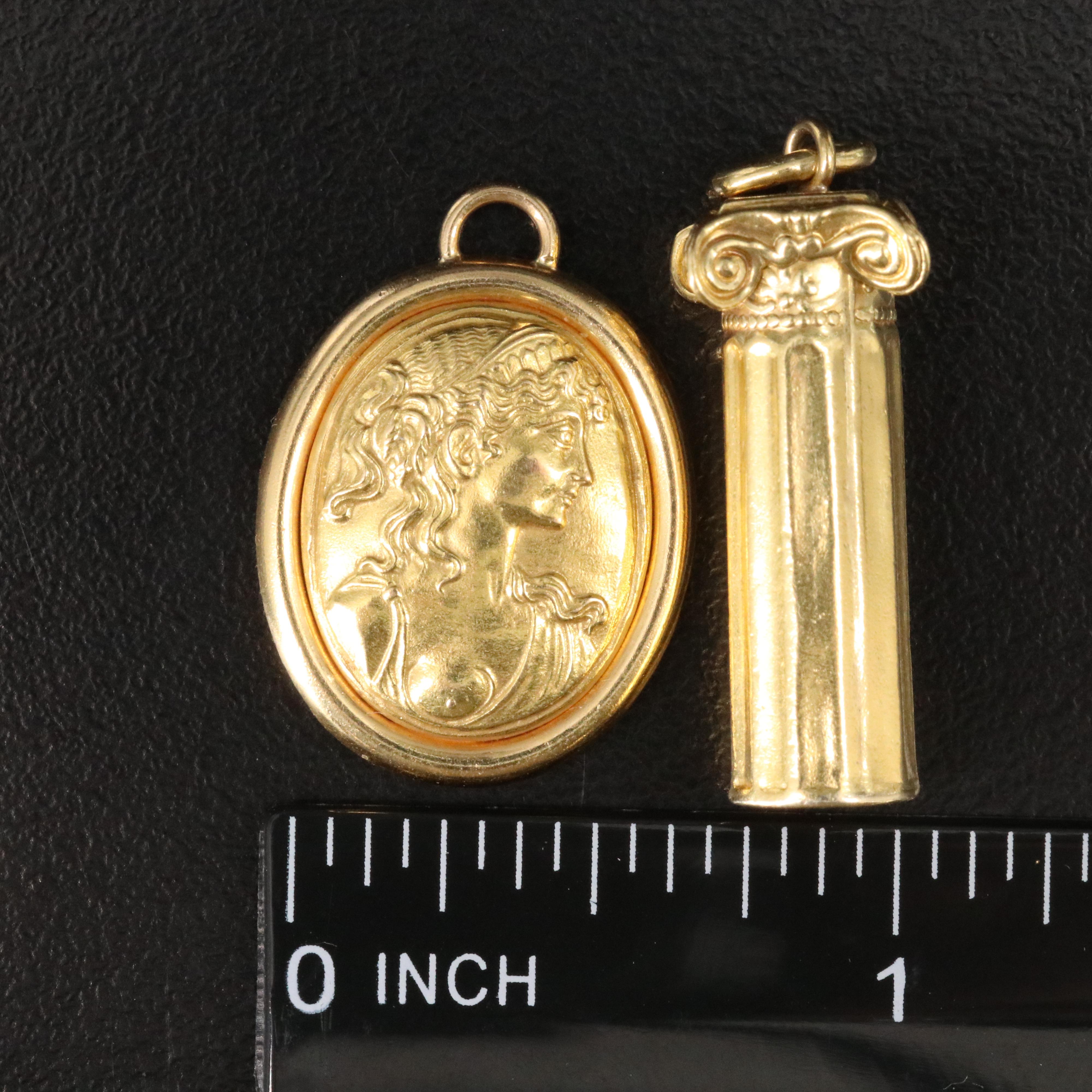 14K Greco-Roman Portrait and 18K Roman Column Pendants