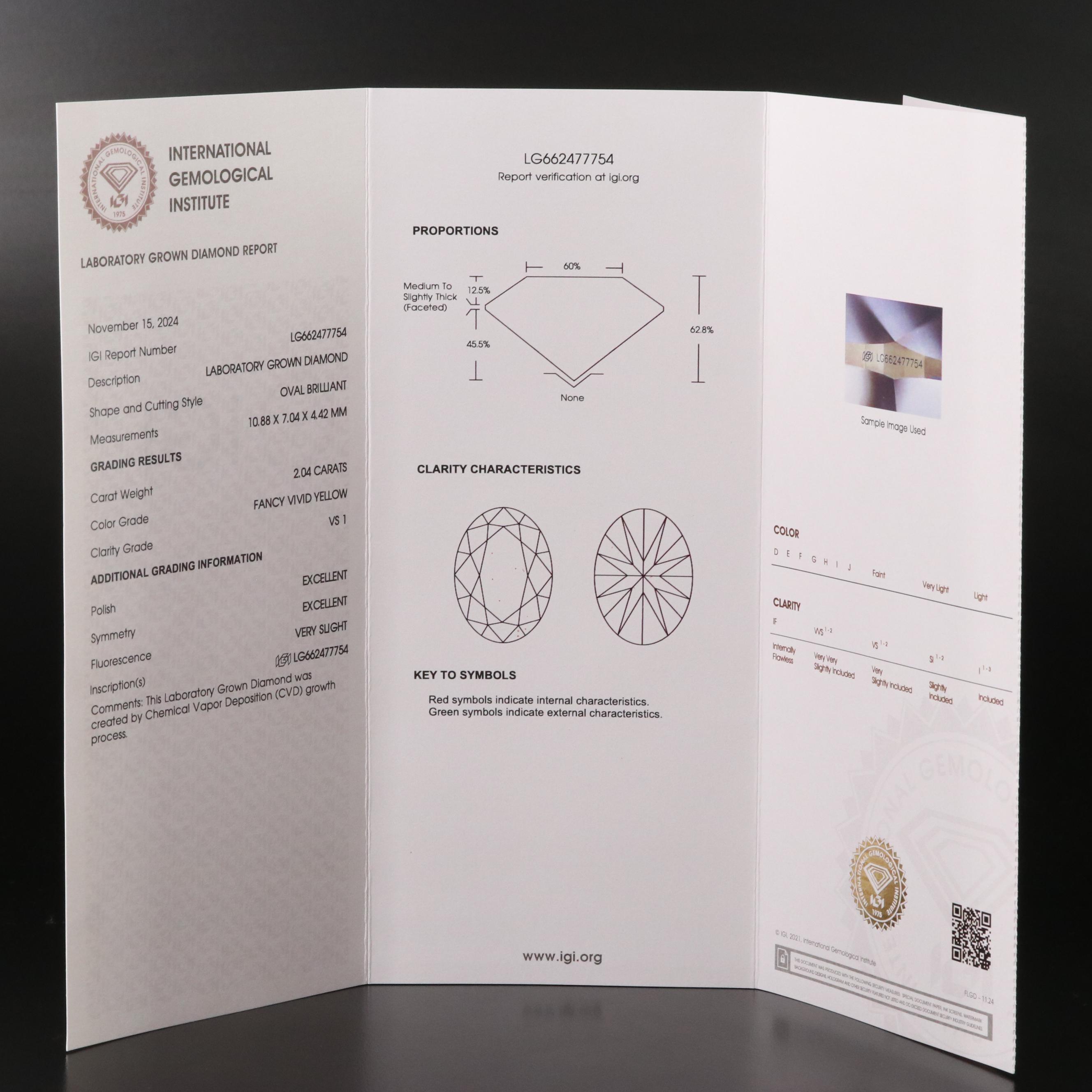 Loose 2.04 CT Fancy Vivid Yellow Lab Grown Diamond with IGI Report