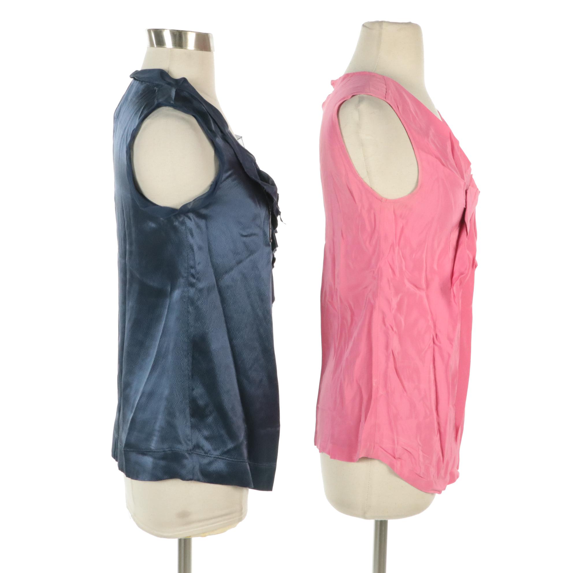 Hanii Y. Pink and Navy Blue Sleeveless Silk Blouses