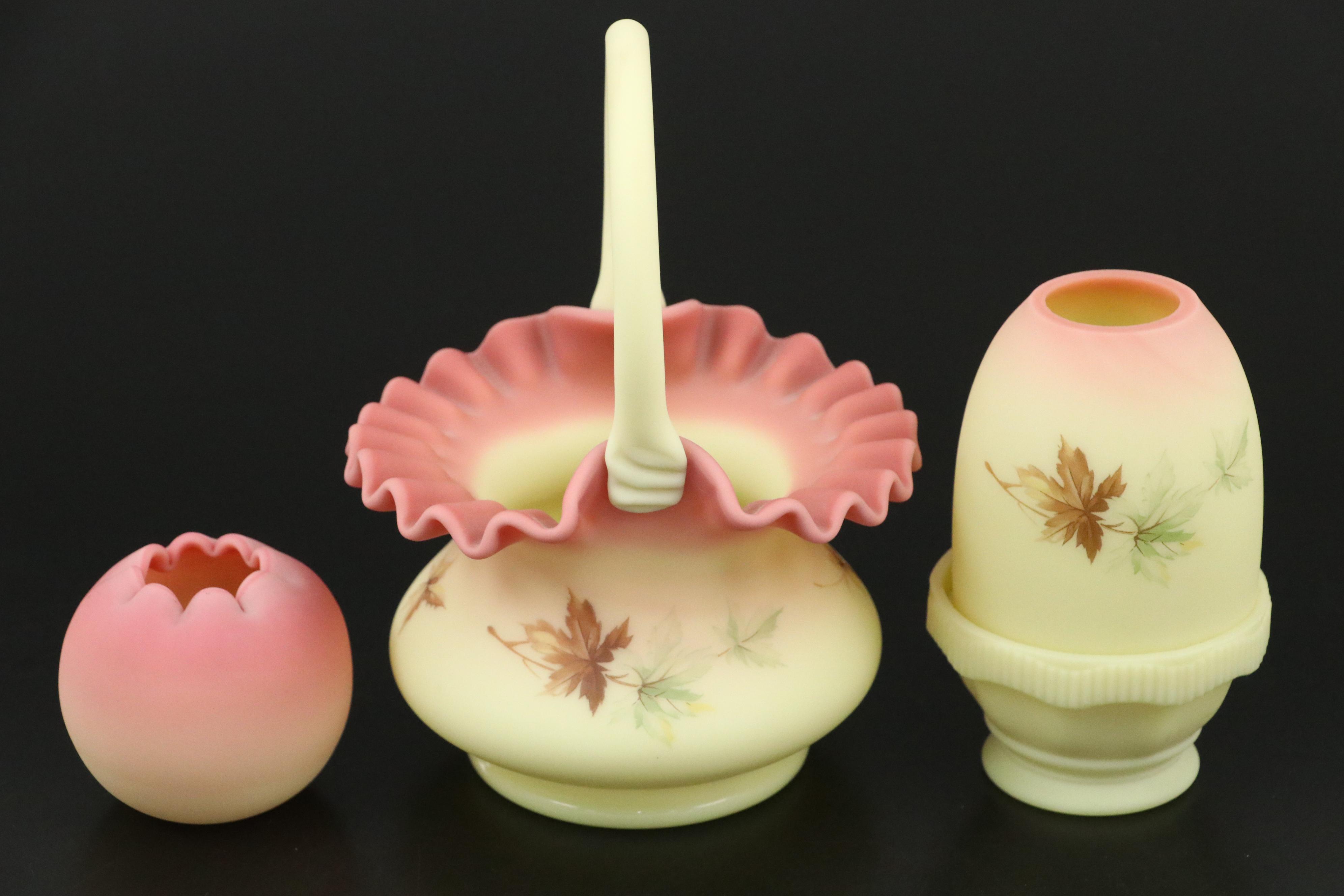 Fenton "Maple Leaf Burmese" Custard Glass Basket Bowl, Fairy Lamp with Rose Bowl