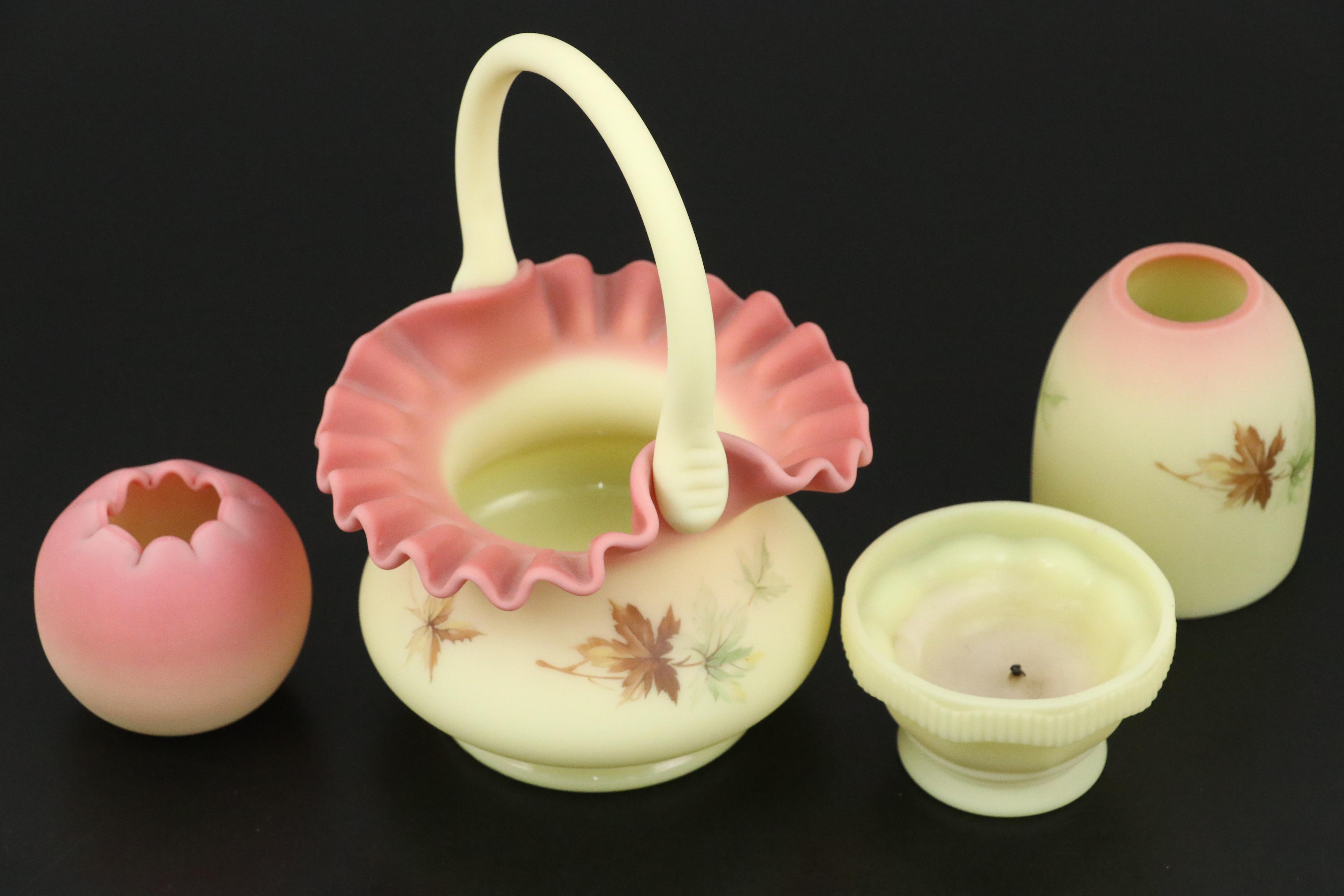 Fenton "Maple Leaf Burmese" Custard Glass Basket Bowl, Fairy Lamp with Rose Bowl