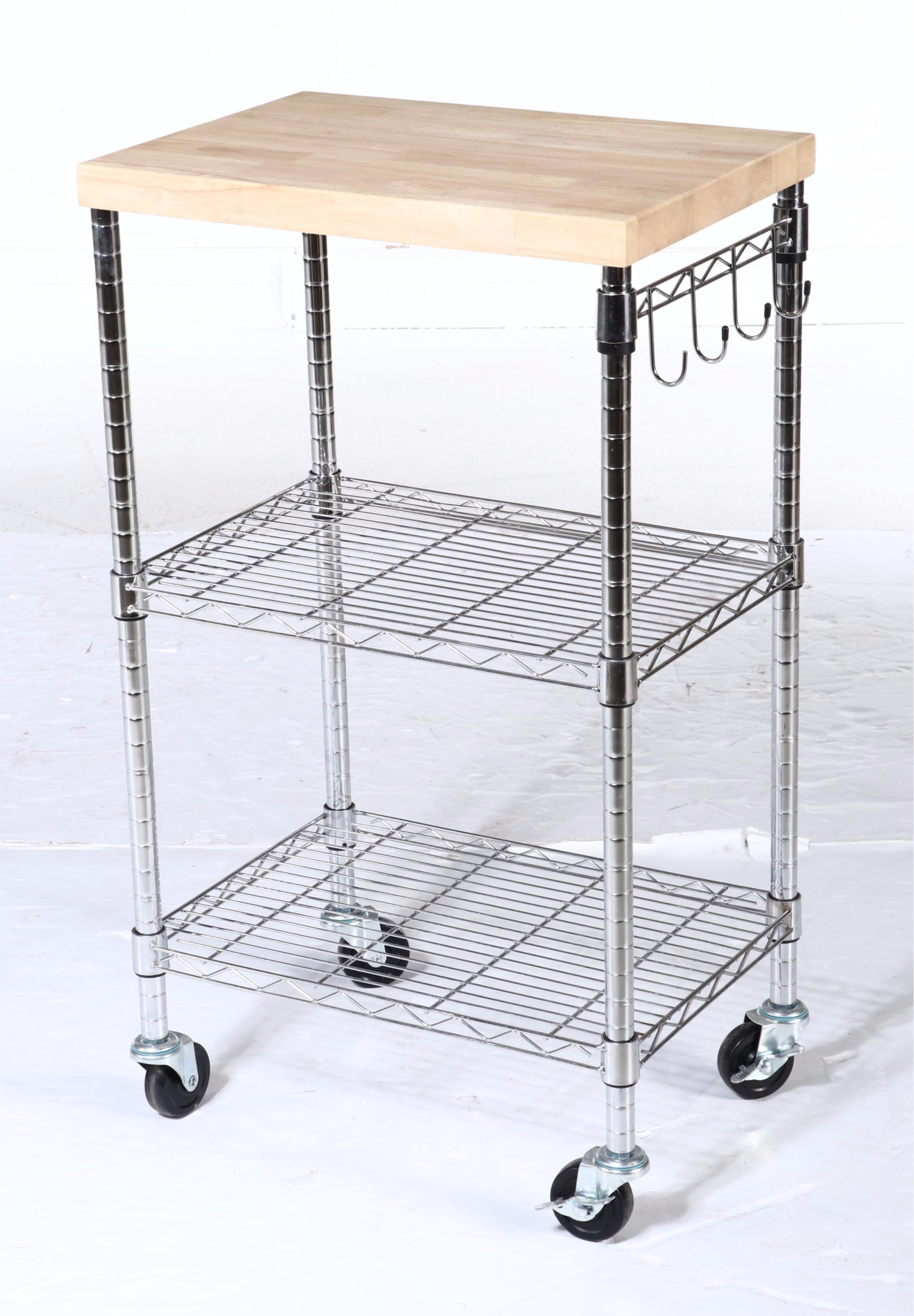 Contemporary Butcher Block Top Kitchen Cart with Storage Shelf
