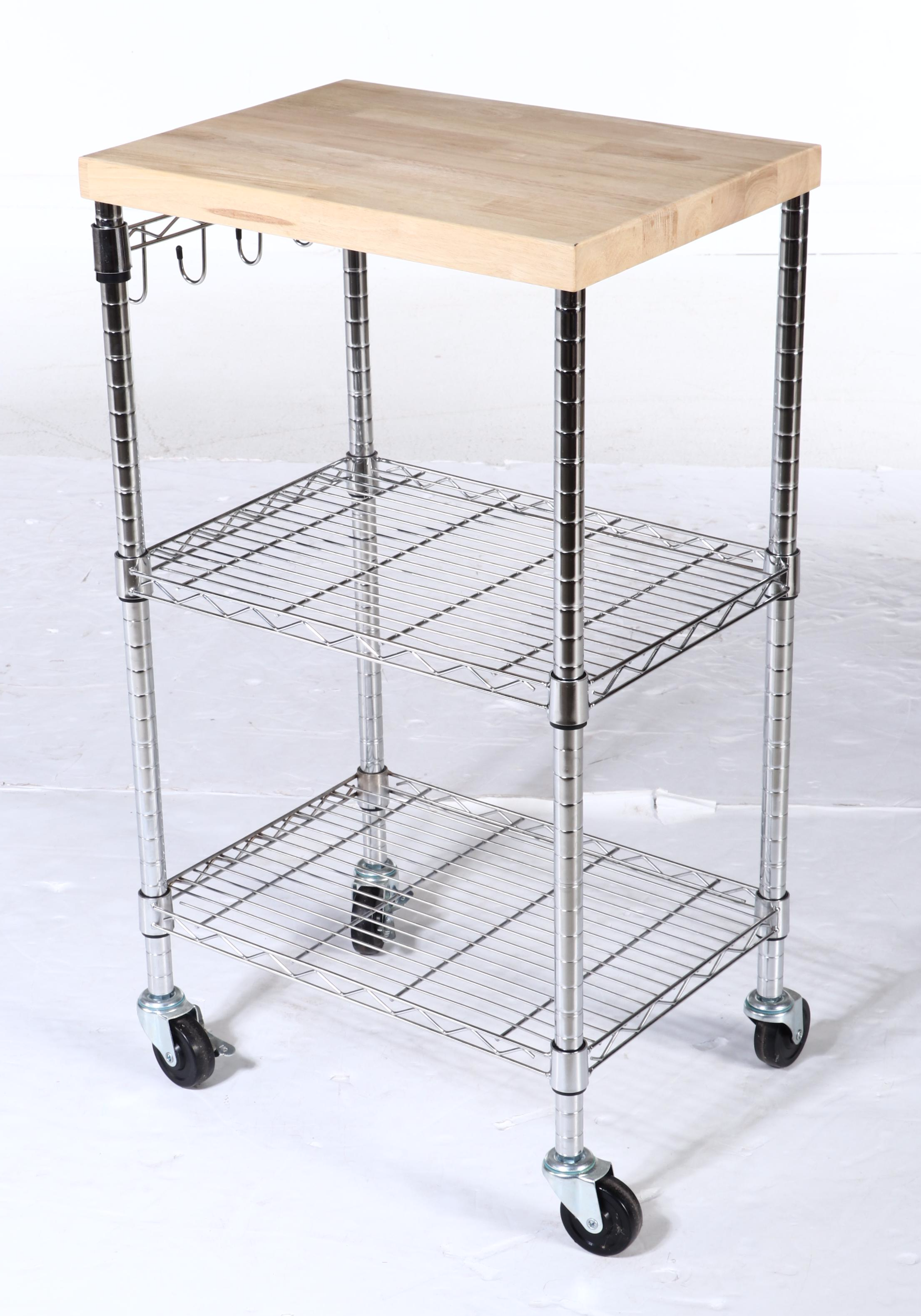 Contemporary Butcher Block Top Kitchen Cart with Storage Shelf