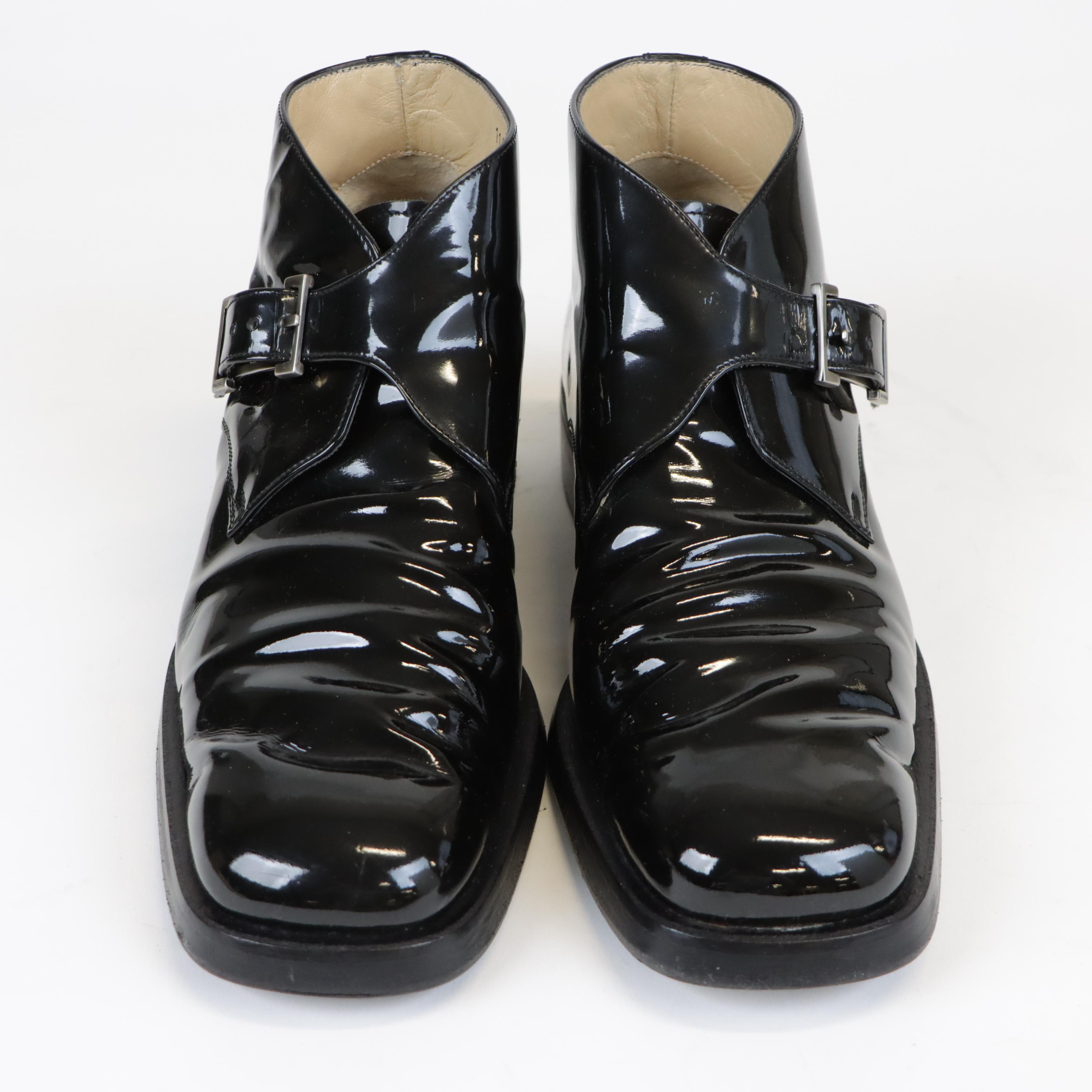 Men’s Gucci Black Patent Leather Buckle Boots