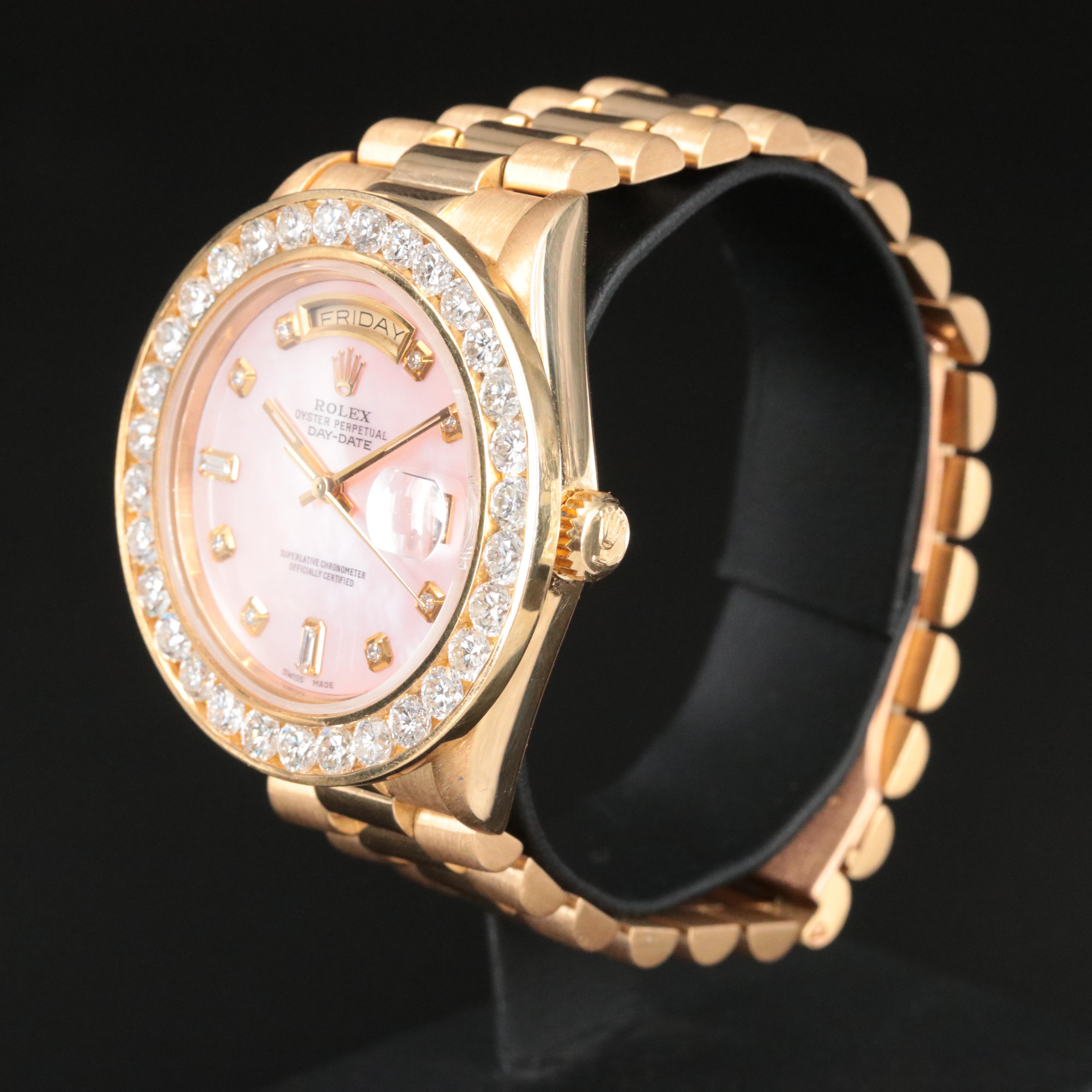 1984 Rolex Day-Date 18038 Custom 5.12 CTW Diamond Bezel and Dial Gold Watch