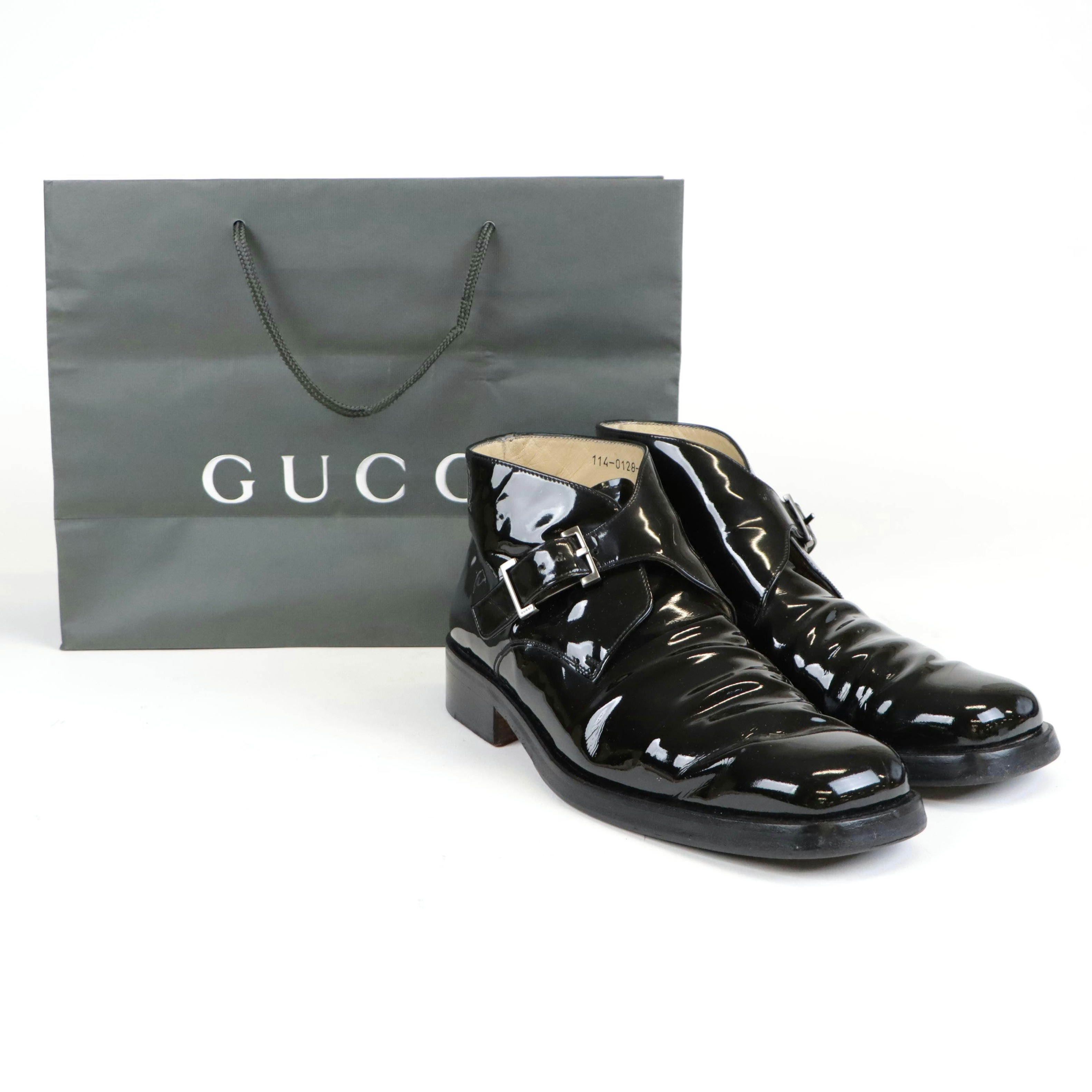 Men’s Gucci Black Patent Leather Buckle Boots