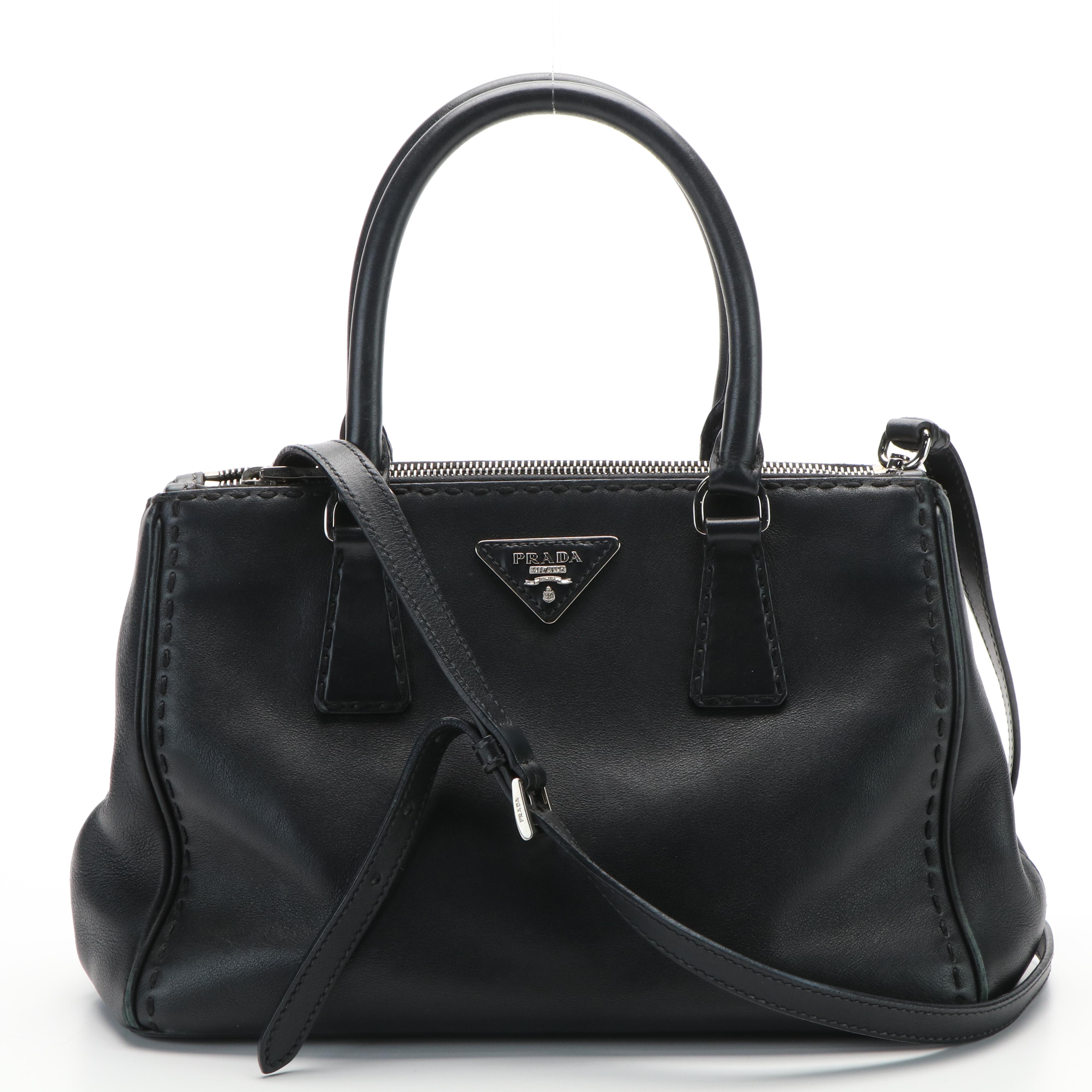 Prada City Galleria 2Way Hand Stitched Double Zip Tote in Black Leather