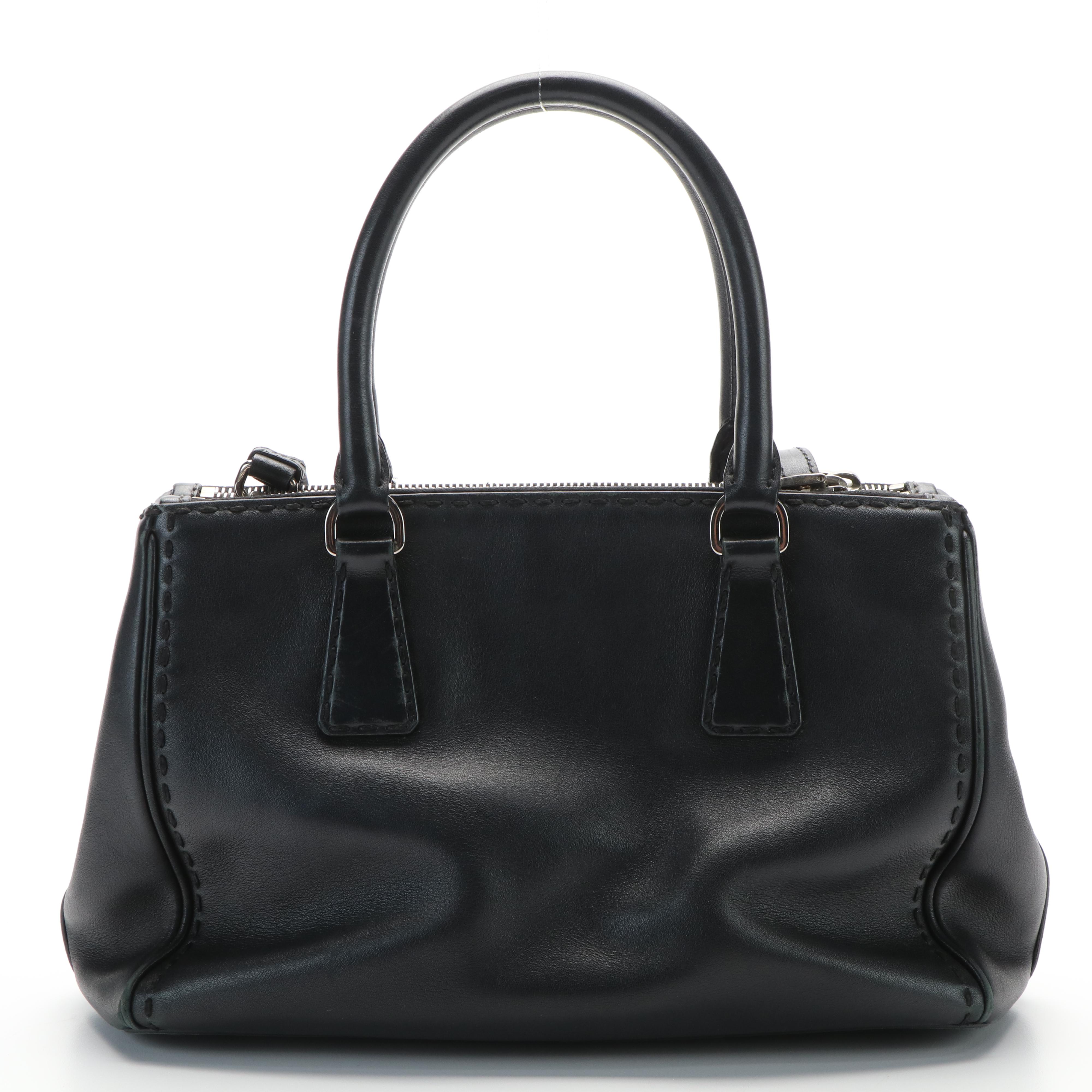 Prada City Galleria 2Way Hand Stitched Double Zip Tote in Black Leather