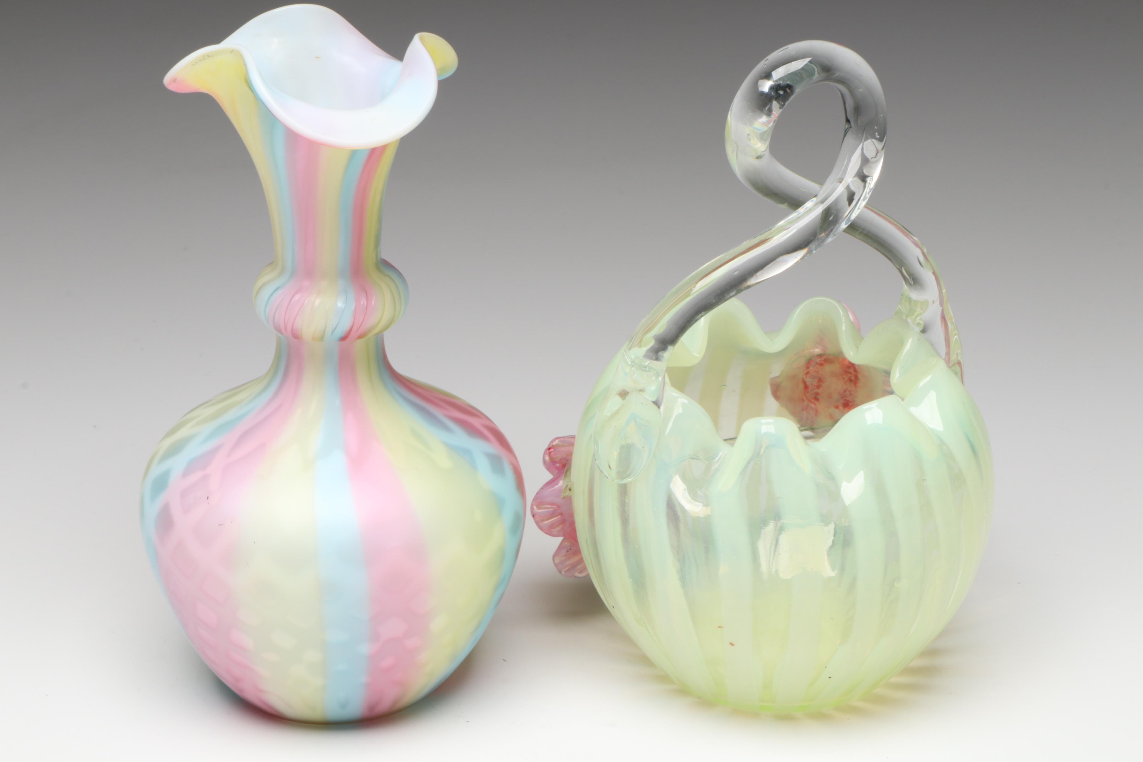 Vaseline Glass Basket, Bowl and Plate with Satin Glass Vase and Pitcher