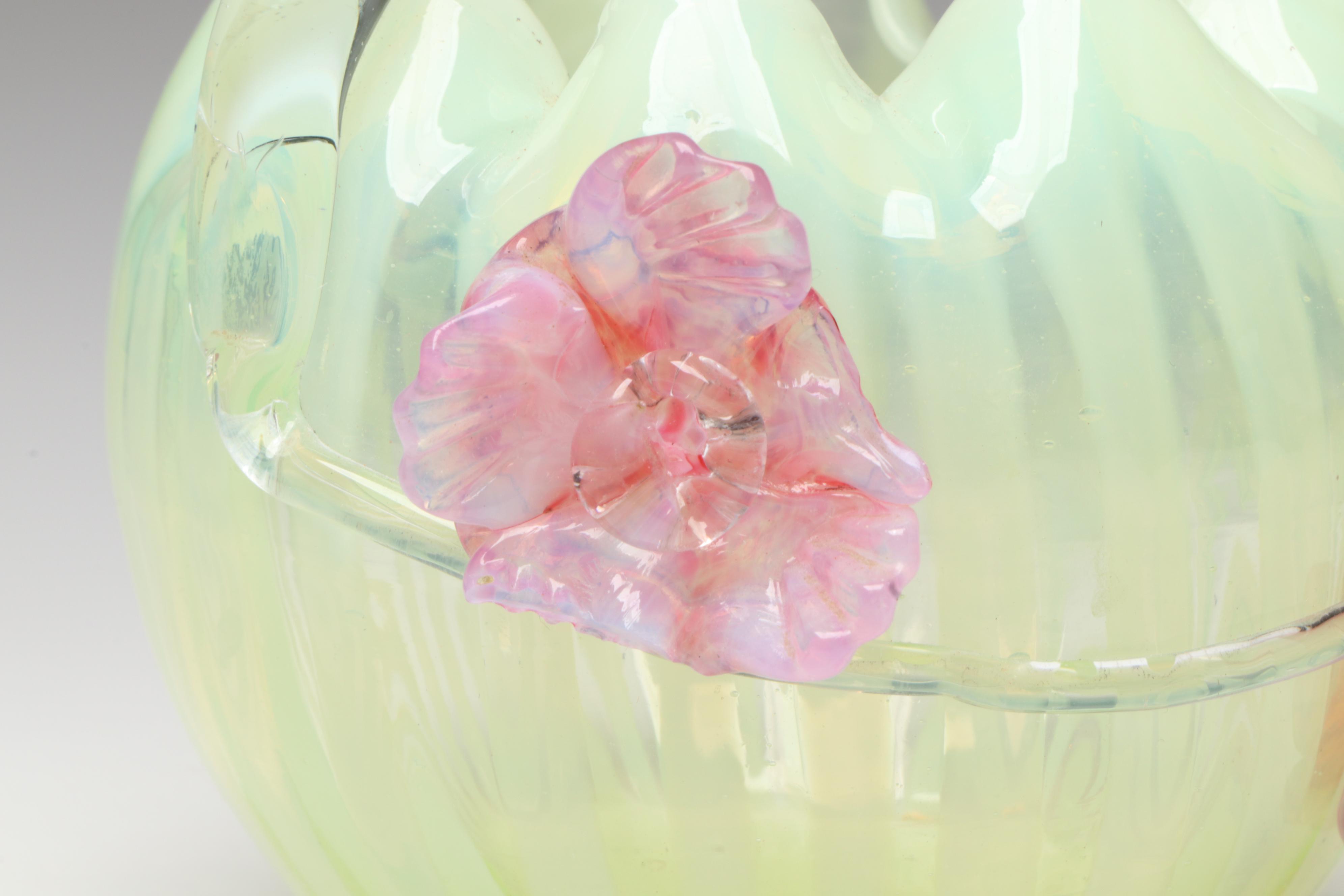 Vaseline Glass Basket, Bowl and Plate with Satin Glass Vase and Pitcher