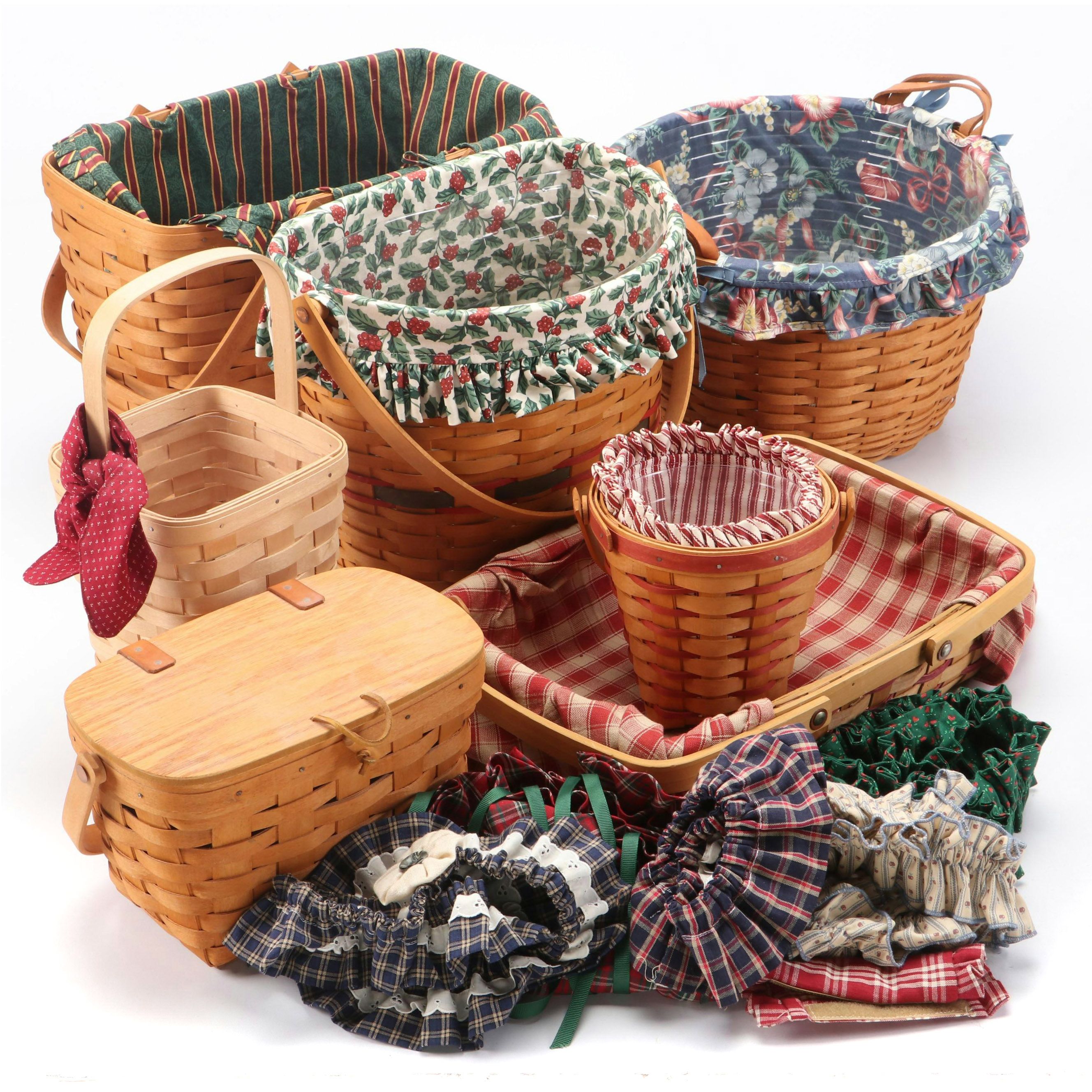 Longaberger Maple Woven Baskets with Fabric Liners, 1990s and 2000s