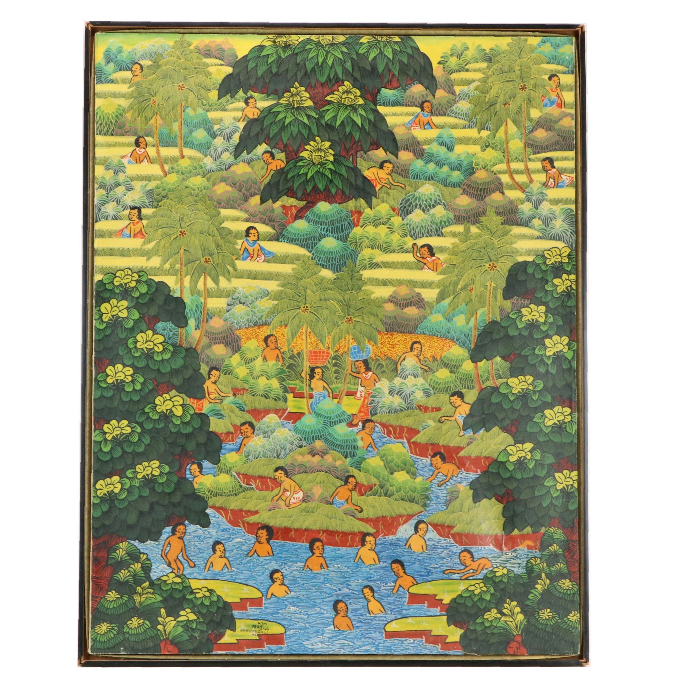 NJM Pradila Penestanan Bali Folk Art Acrylic Painting, 20th Century