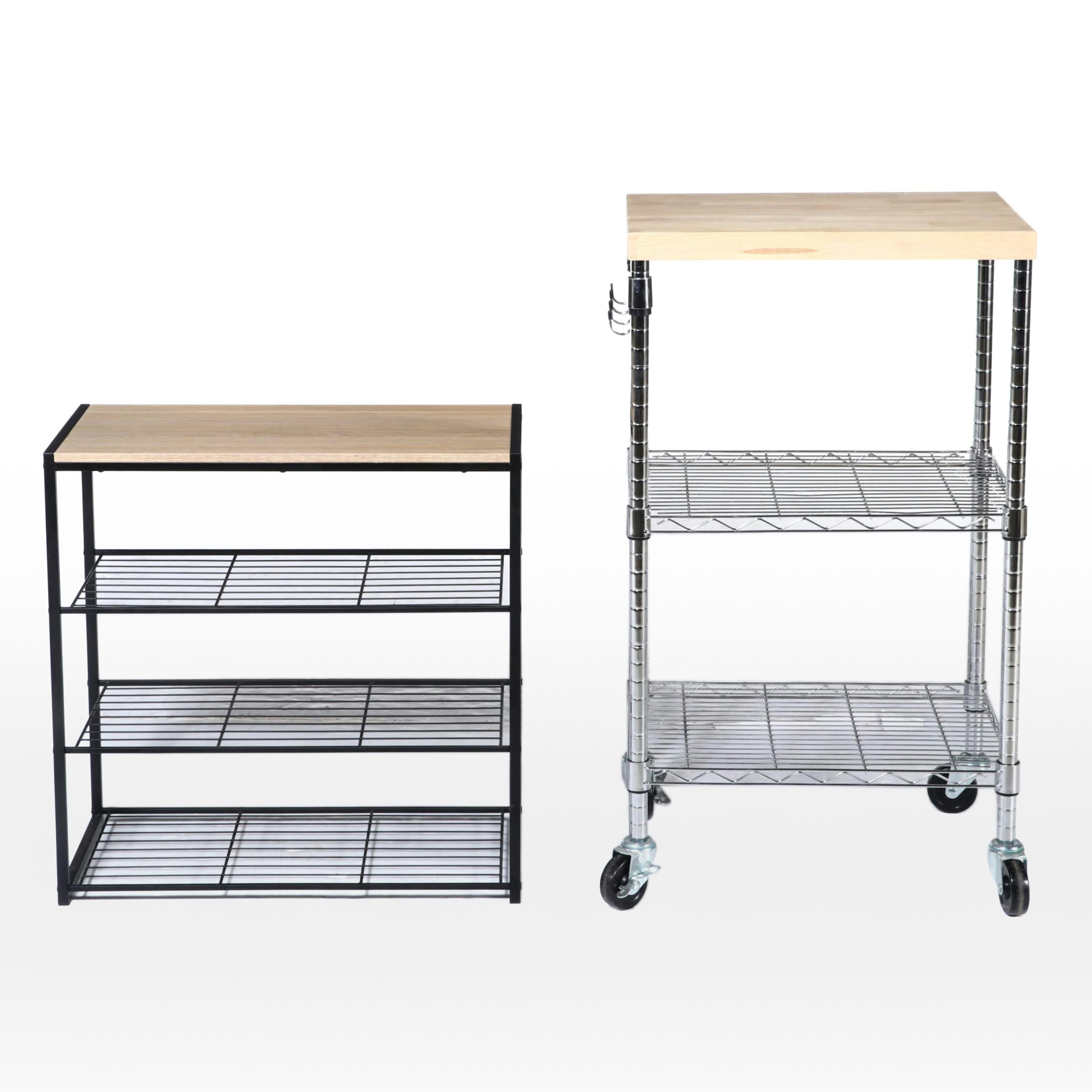 Contemporary Butcher Block Top Kitchen Cart with Storage Shelf