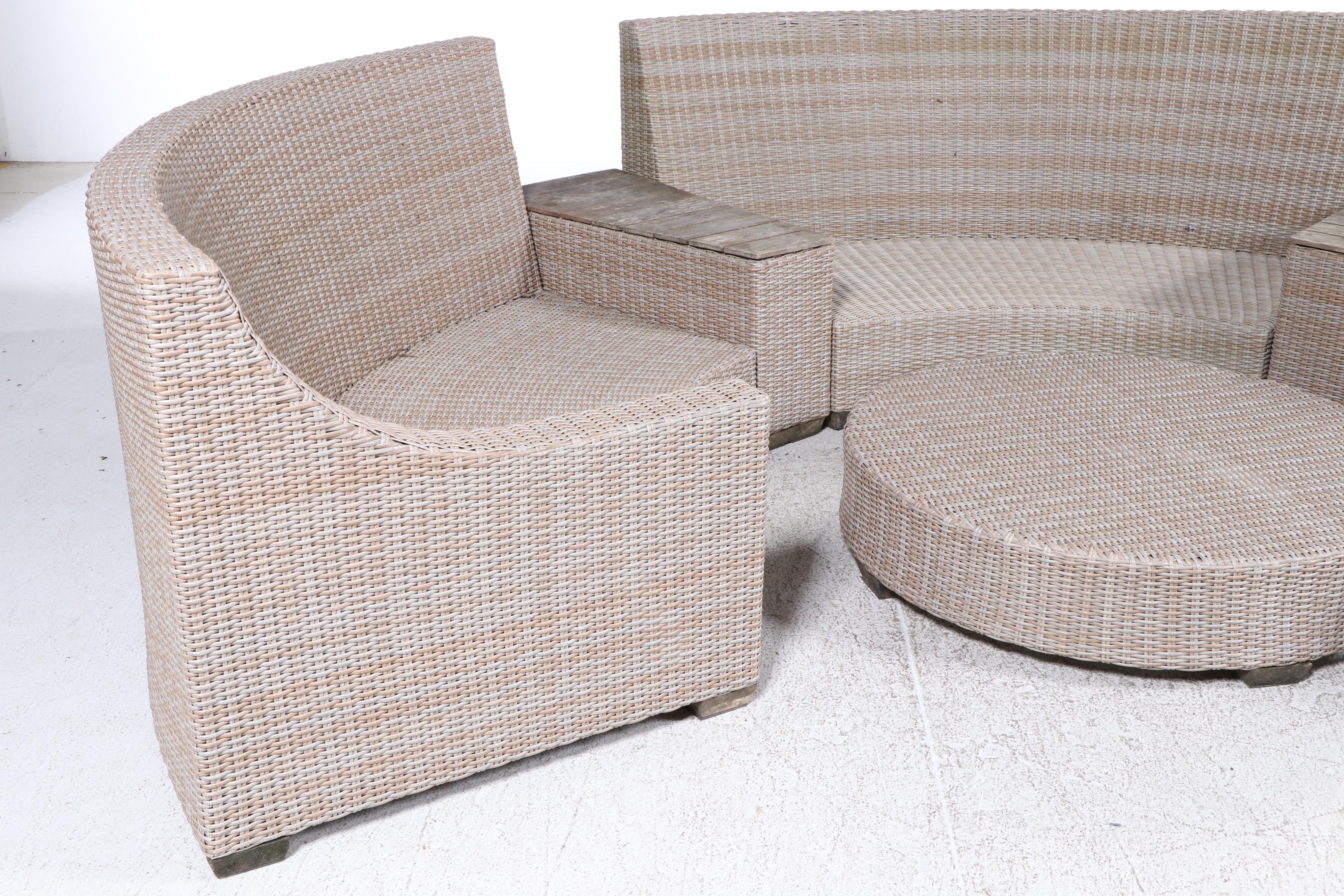 Ballard Designs "Navio" Resin Wicker Sectional Sofa w/ Teak Top Tables & Ottoman